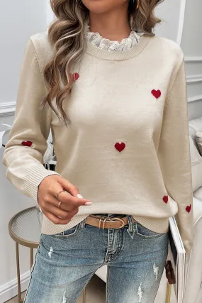 💖 Beige Embroidered Heart Shaped Long Sleeved Sweater: Because Love Should Be Worn, Not Just Felt 💖