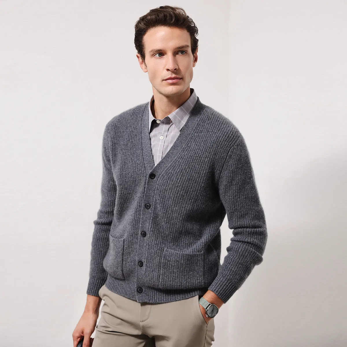 100% Cashmere Mens V Neck Knit Cardigan