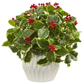 15” Holly Leaf Artificial Plant in White Vase (Real Touch)