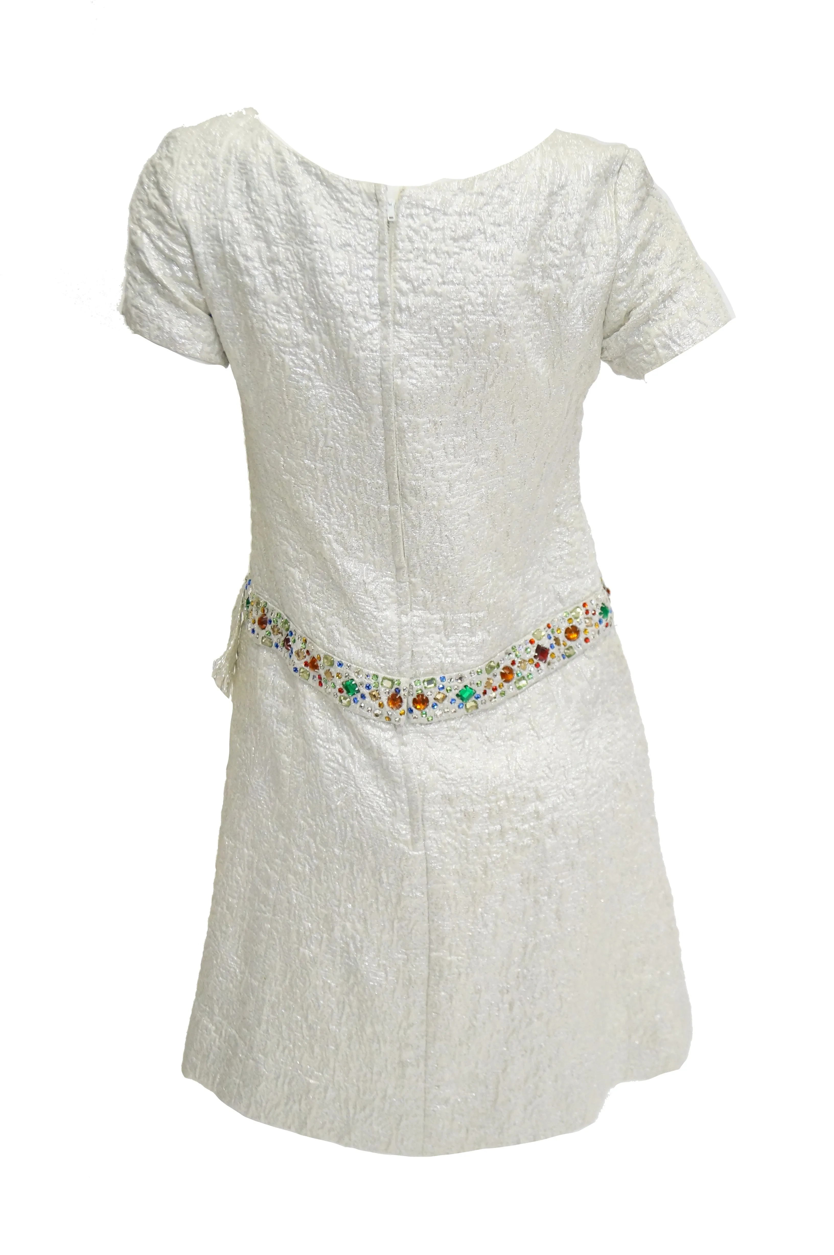 1960s B. Altman Silver Shift Cocktail Dress with Multicolor Rhinestone Belt