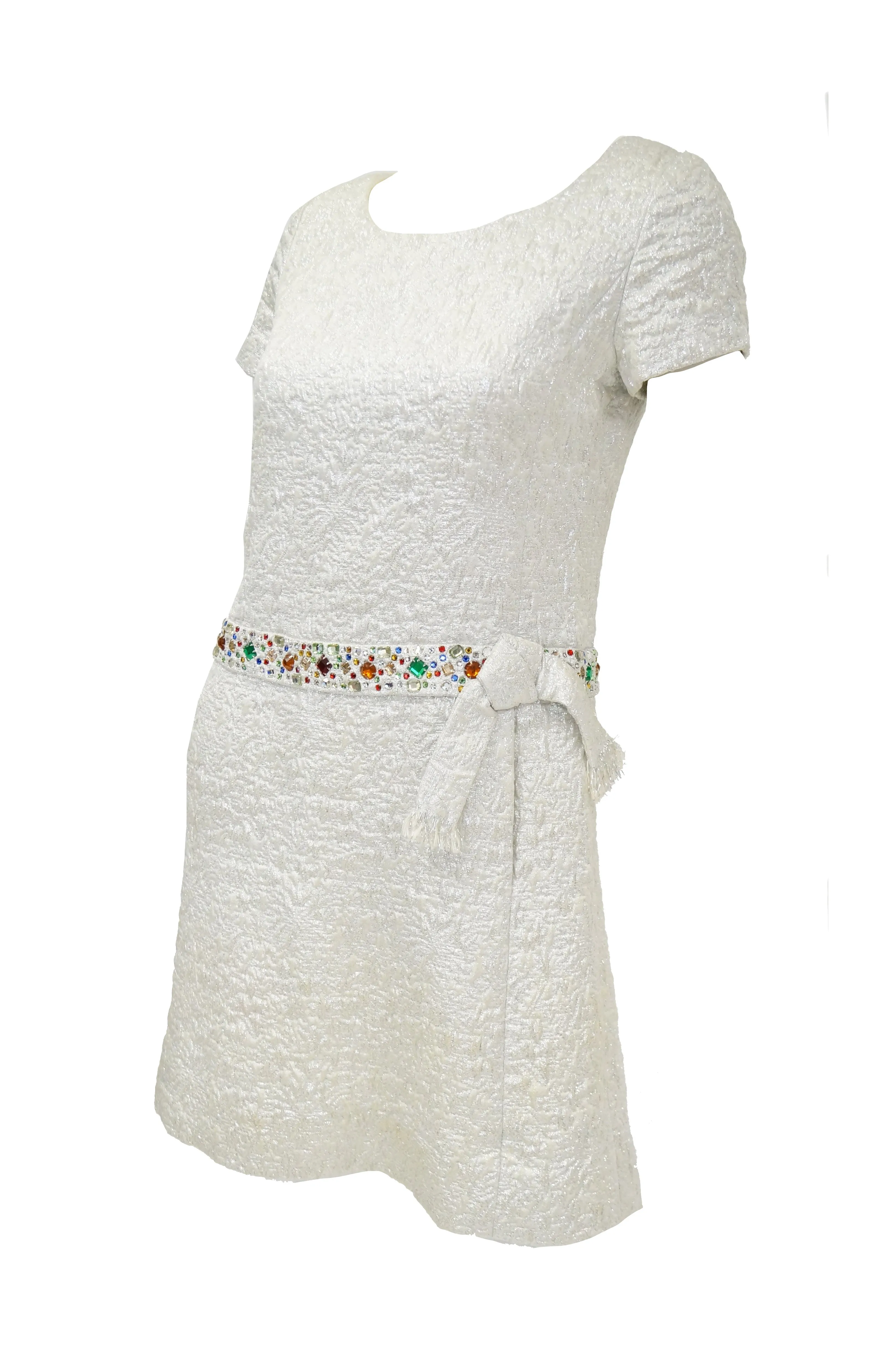 1960s B. Altman Silver Shift Cocktail Dress with Multicolor Rhinestone Belt