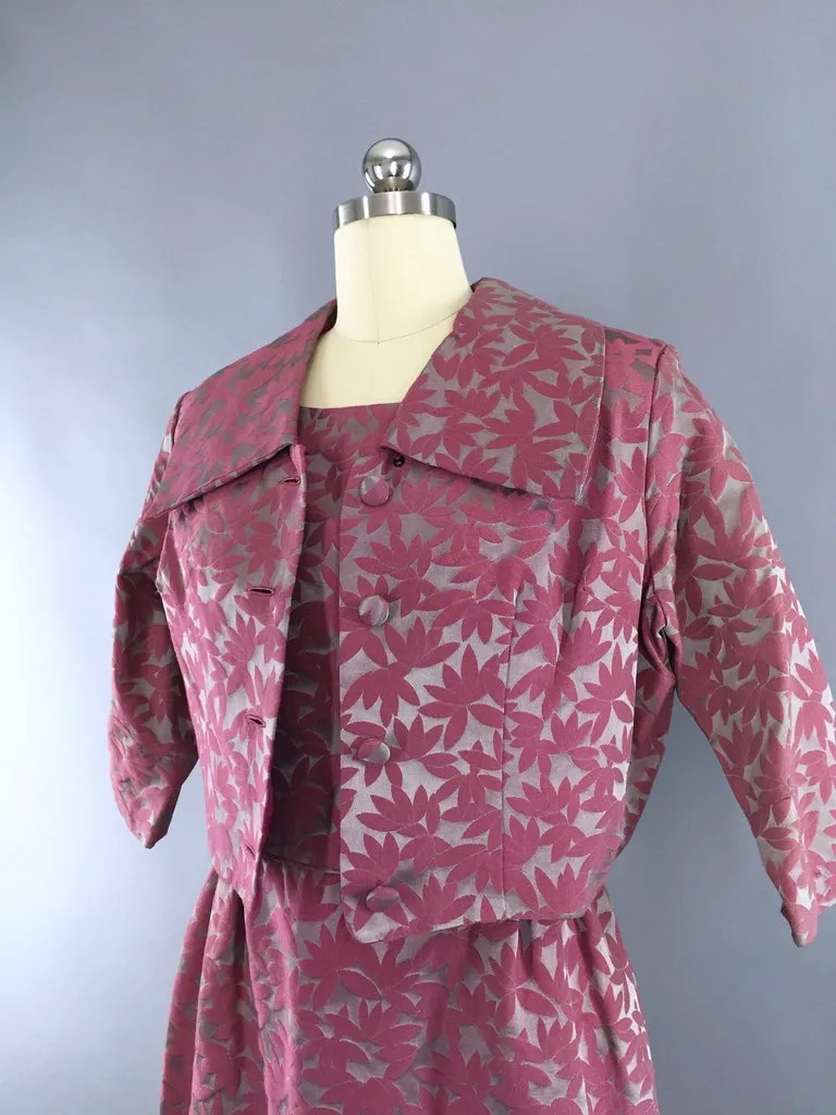 1960s Vintage Pink and Grey Satin Damask Dress and Jacket Set