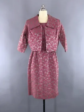 1960s Vintage Pink and Grey Satin Damask Dress and Jacket Set