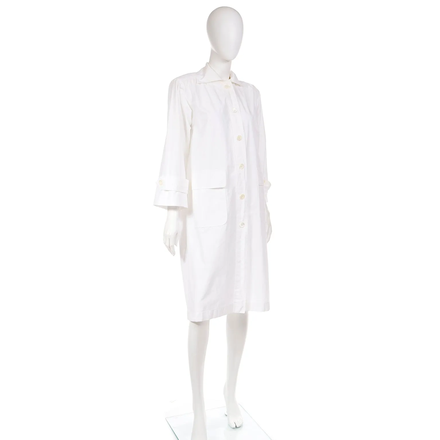 1980s Yves Saint Laurent Vintage White Cotton Coat or Coat Dress