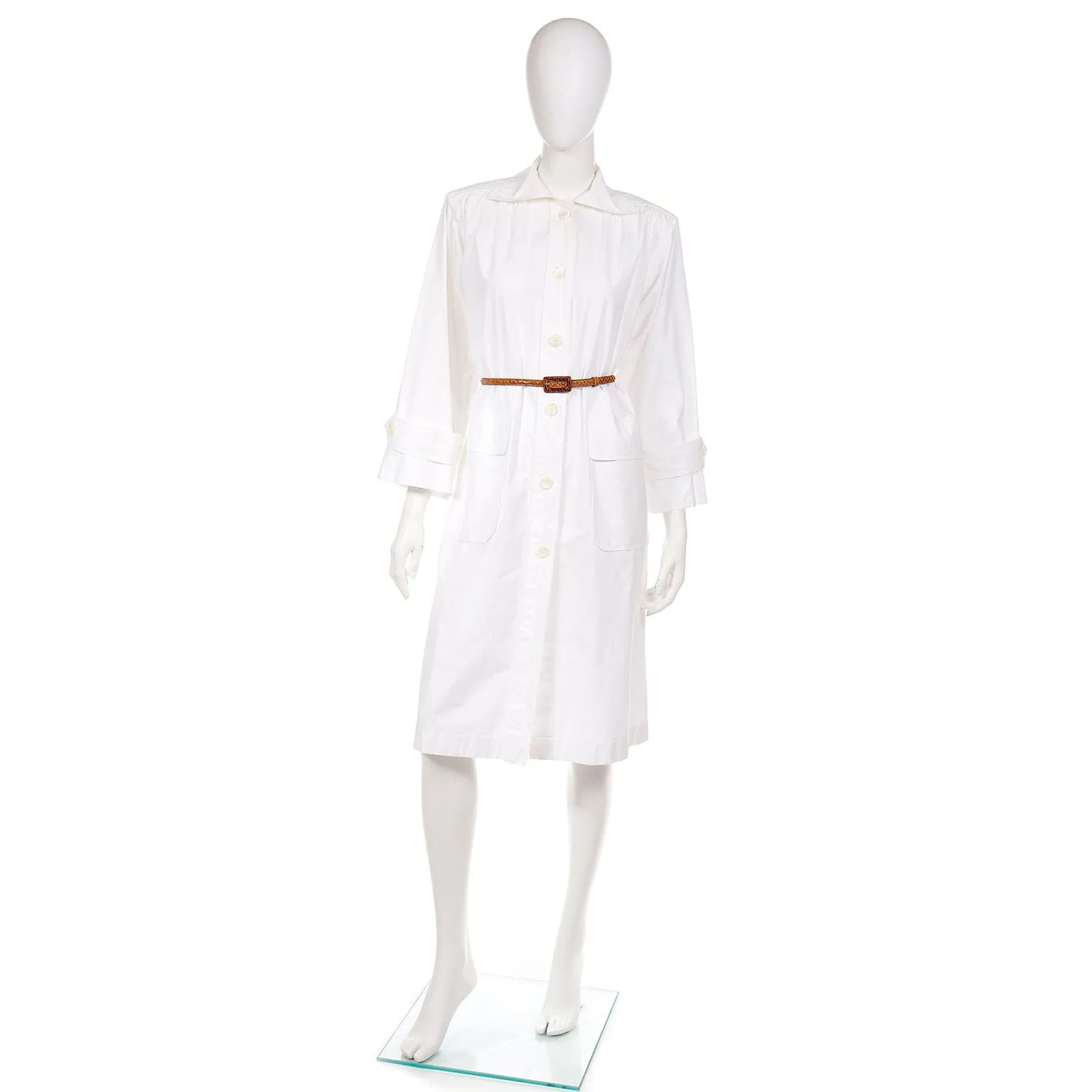 1980s Yves Saint Laurent Vintage White Cotton Coat or Coat Dress