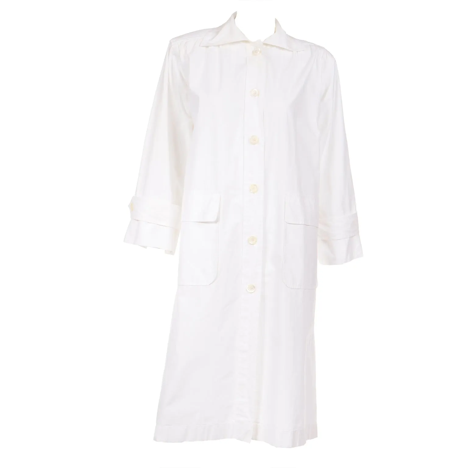 1980s Yves Saint Laurent Vintage White Cotton Coat or Coat Dress