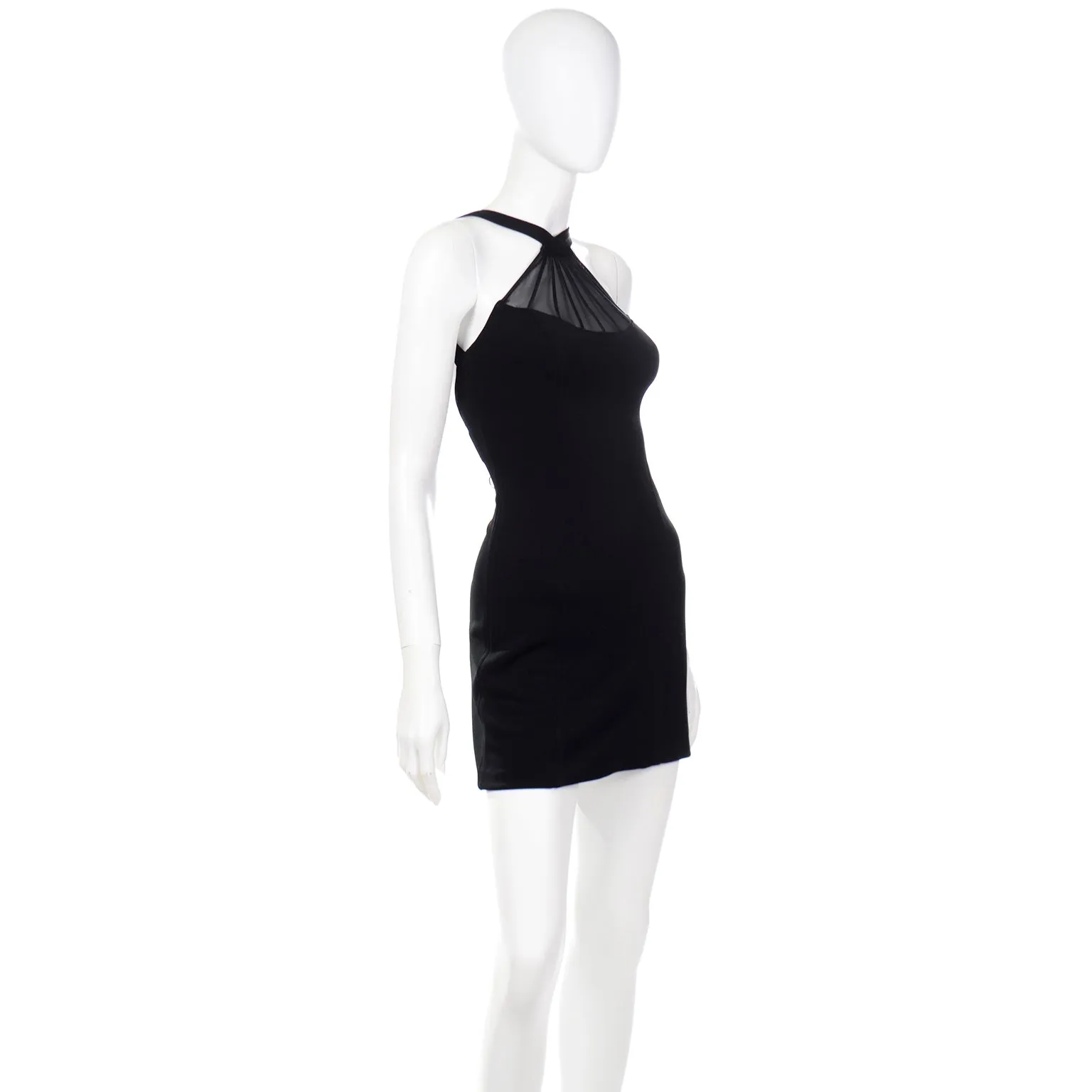 1990s Tadashi Vintage Black Bodycon Sheer Mesh Halter Dress