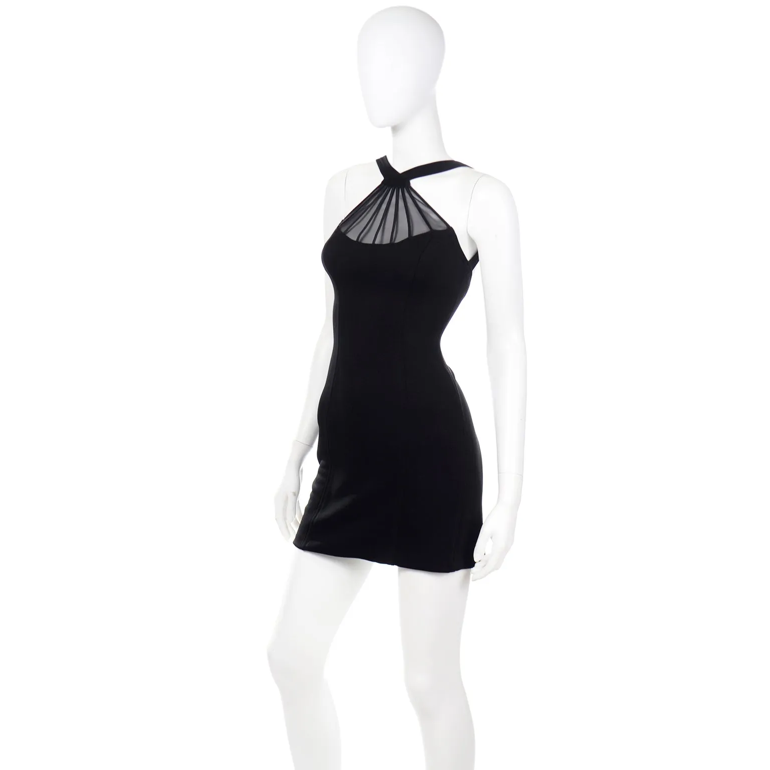 1990s Tadashi Vintage Black Bodycon Sheer Mesh Halter Dress