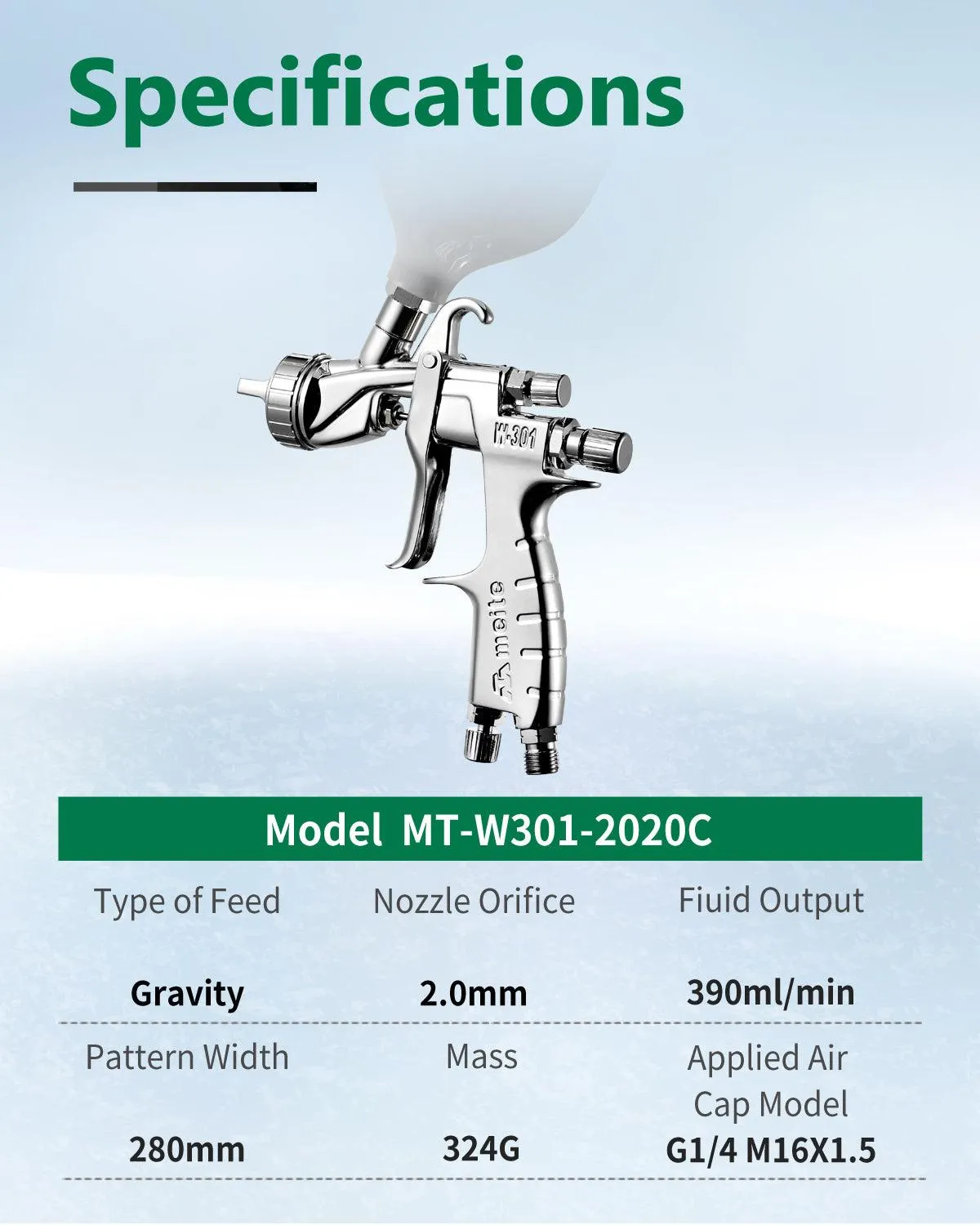 2.0 mm Nozzle Gravity Feed Air Spray Gun 600cc Cup W301 HVLP