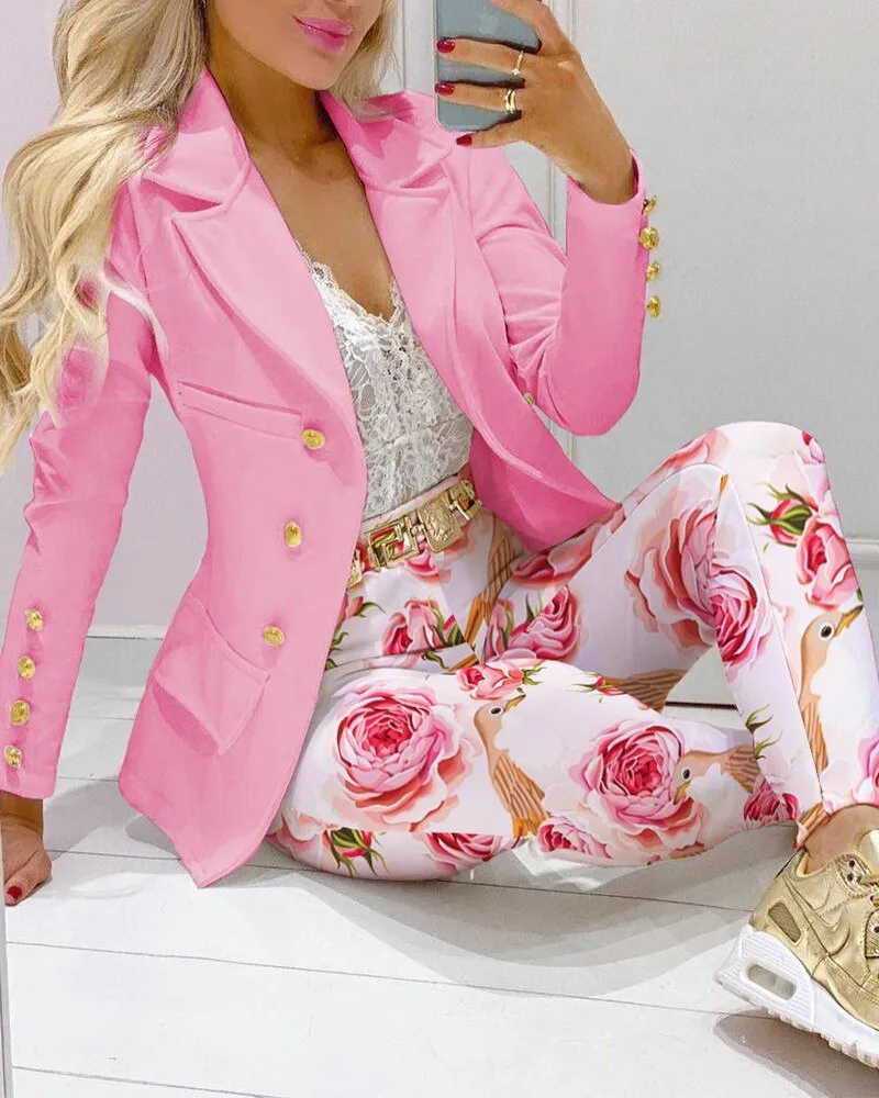 2023 Women Formal Jacket & Trousers Office Lady Outfits Autumn Women Two Pieces Set Print Blazer Coat & Pants Suit Sets Female