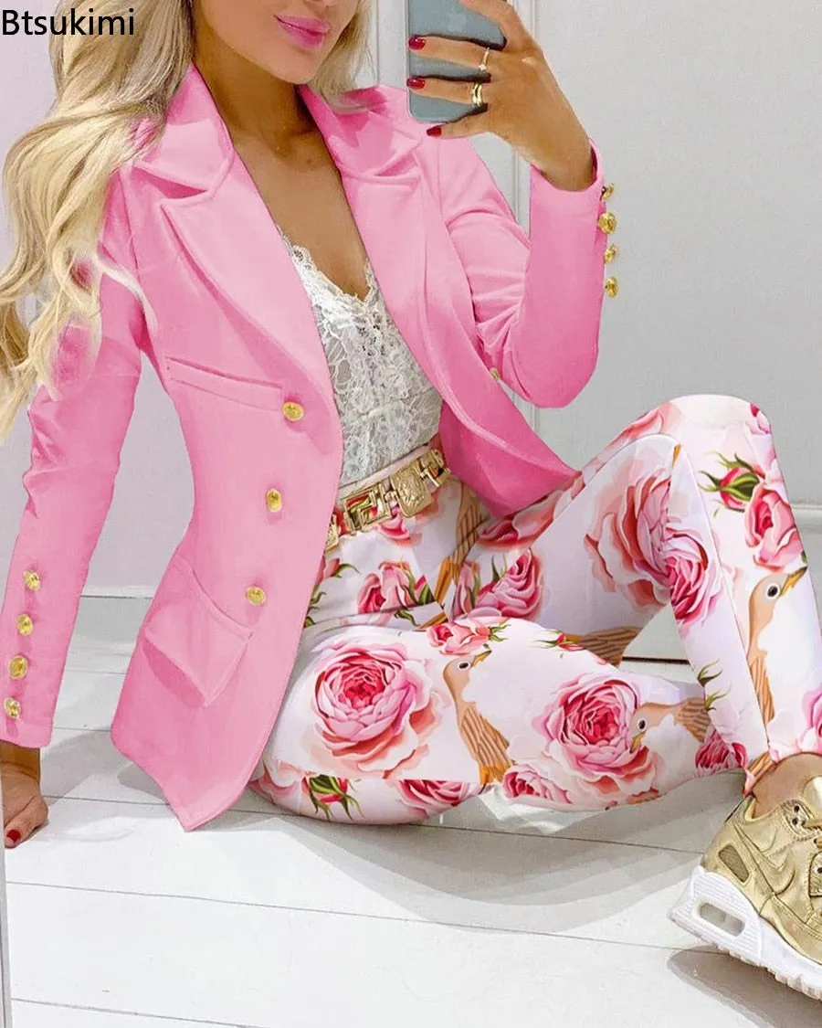 2023 Women Formal Jacket & Trousers Office Lady Outfits Autumn Women Two Pieces Set Print Blazer Coat & Pants Suit Sets Female