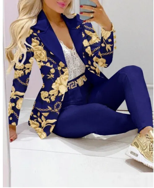 2023 Women Formal Jacket & Trousers Office Lady Outfits Autumn Women Two Pieces Set Print Blazer Coat & Pants Suit Sets Female