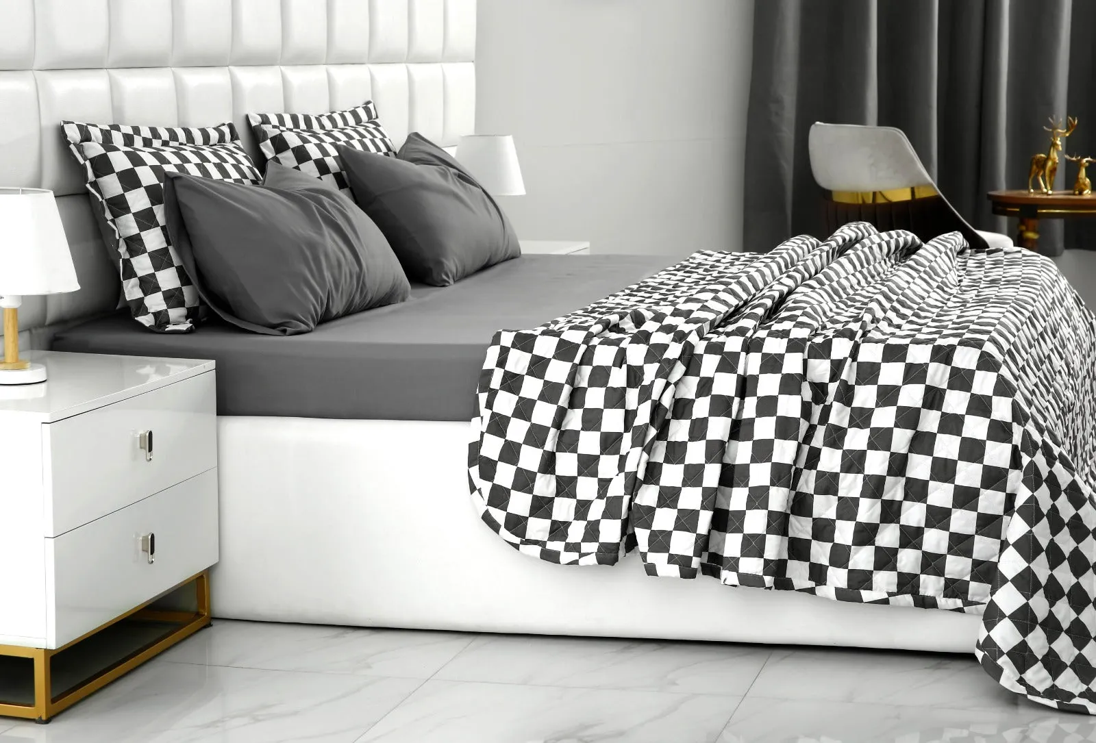 6 PCs Printed Bed Spread Set-Grey Chess