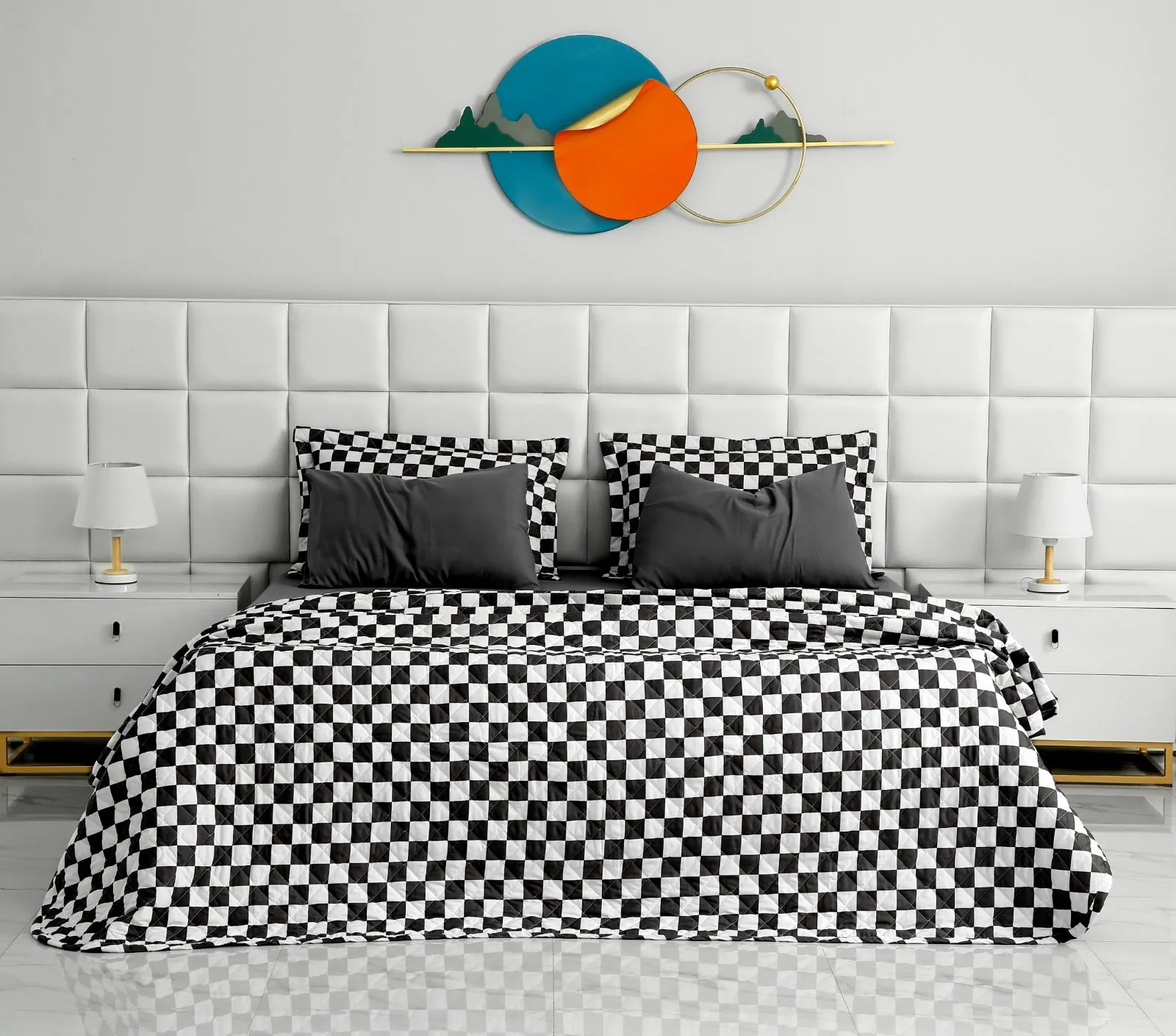 6 PCs Printed Bed Spread Set-Grey Chess