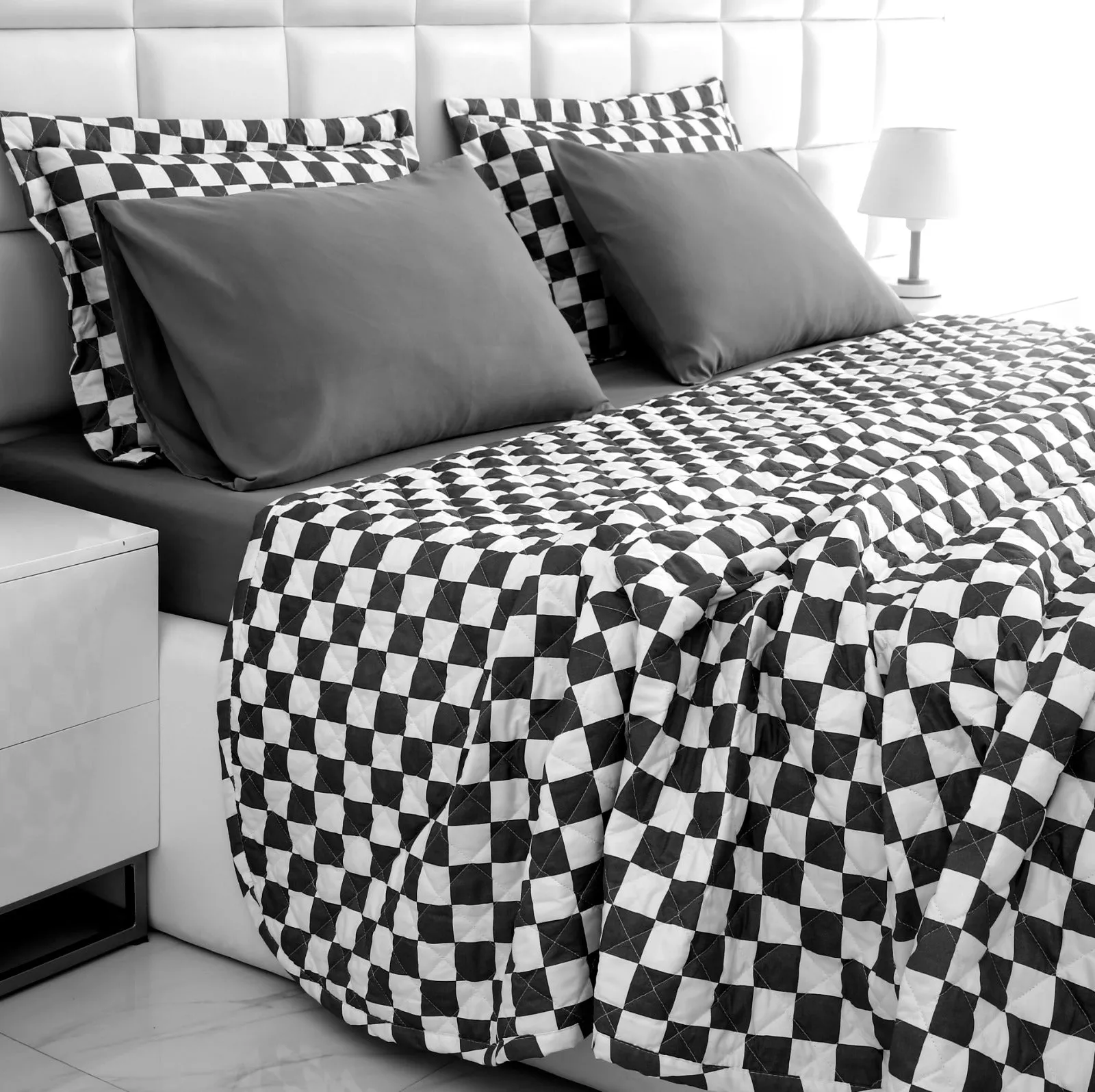 6 PCs Printed Bed Spread Set-Grey Chess