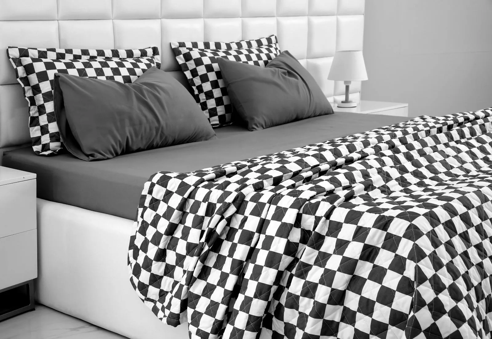 6 PCs Printed Bed Spread Set-Grey Chess