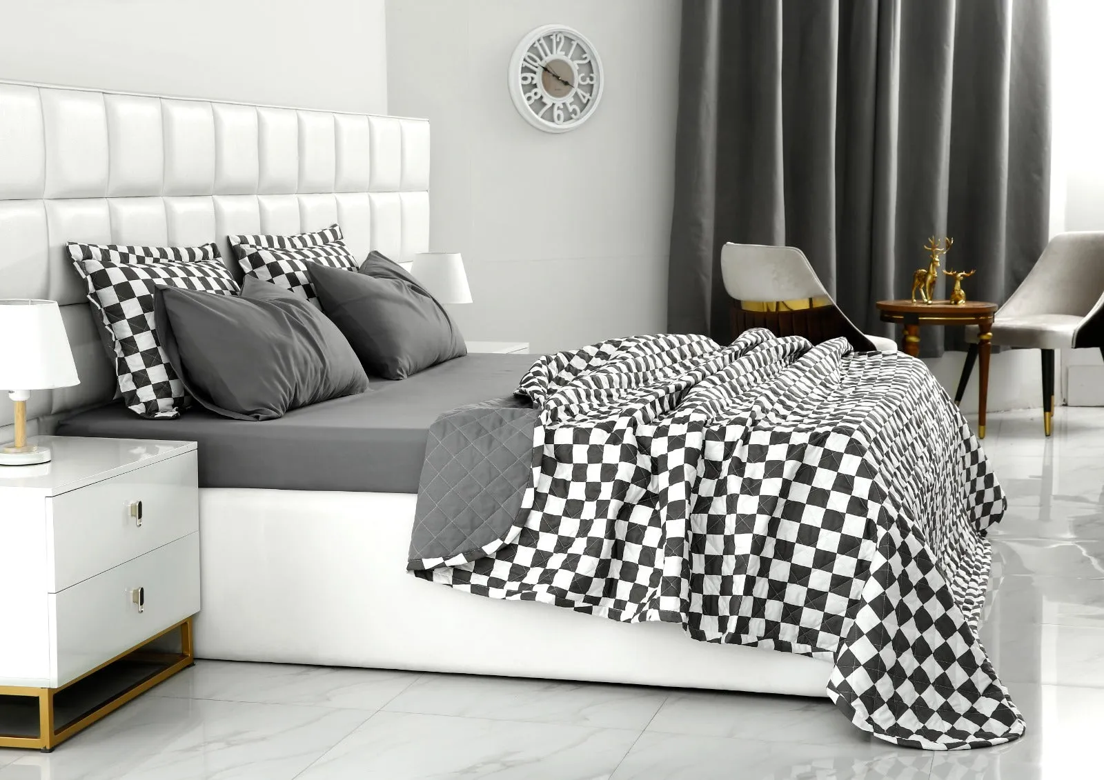 6 PCs Printed Bed Spread Set-Grey Chess