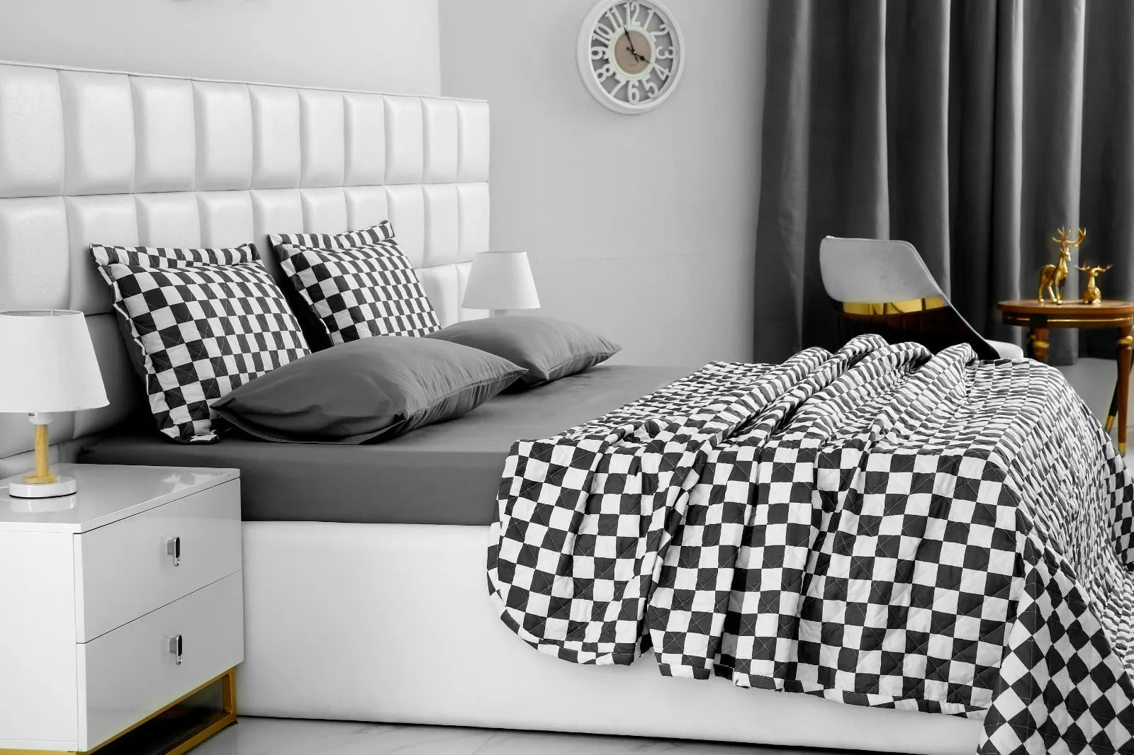 6 PCs Printed Bed Spread Set-Grey Chess