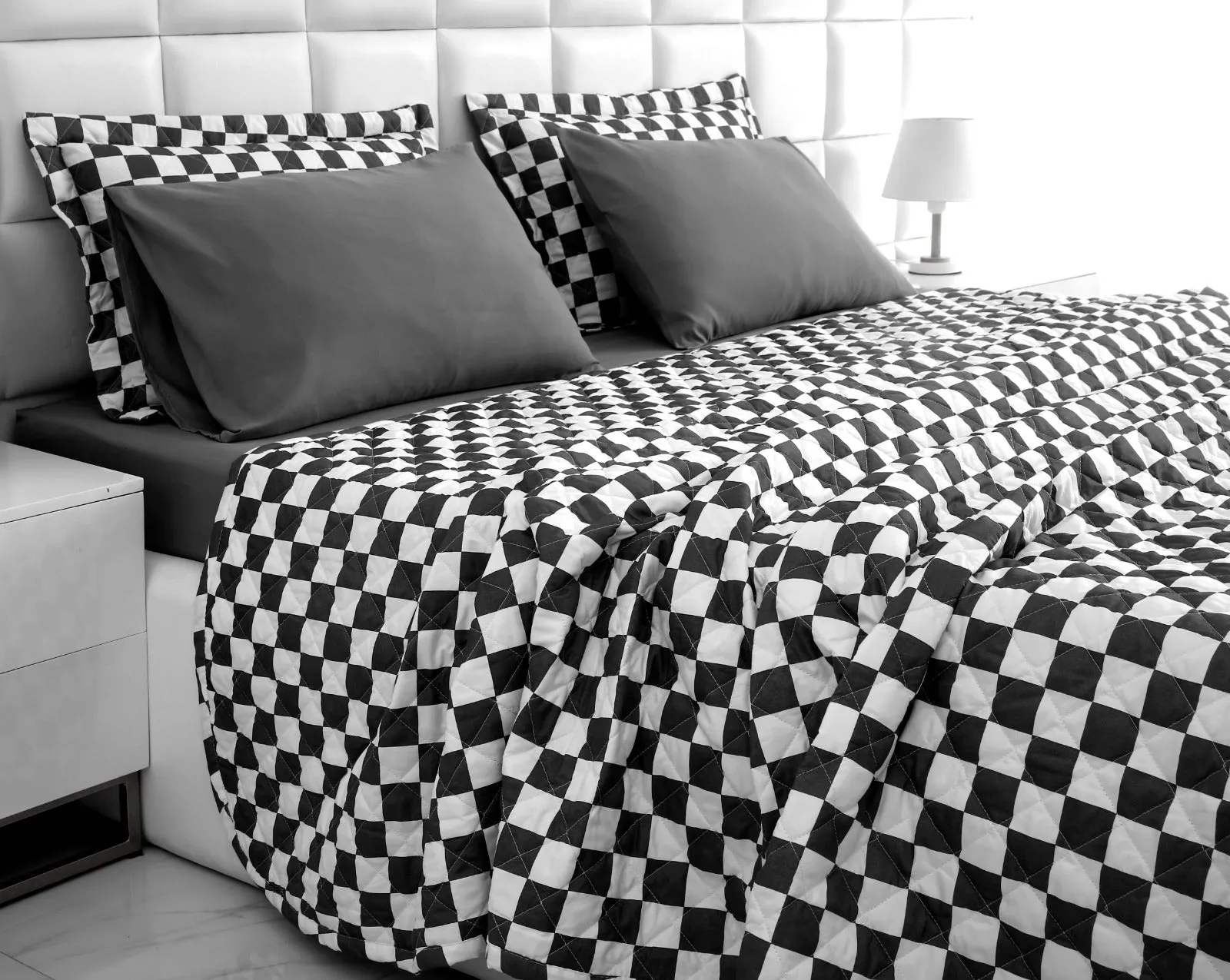 6 PCs Printed Bed Spread Set-Grey Chess