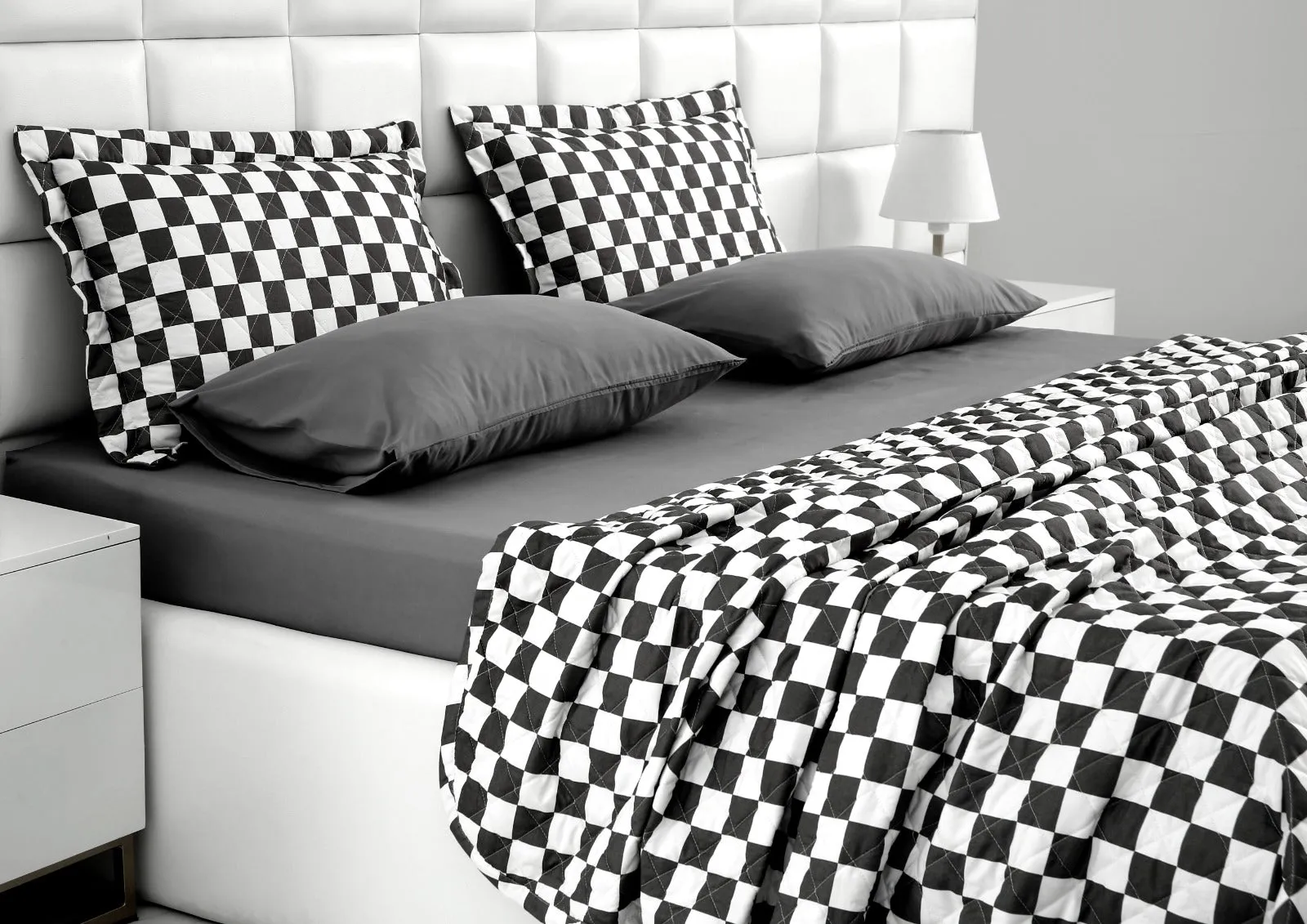 6 PCs Printed Bed Spread Set-Grey Chess