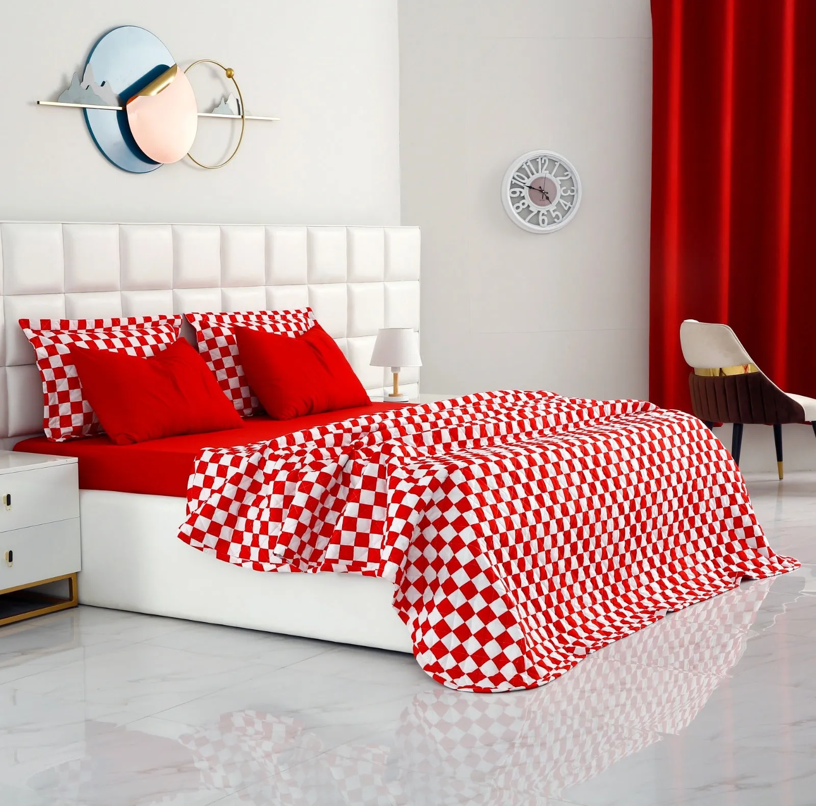 6 PCs Printed Bed Spread Set-Red Chess