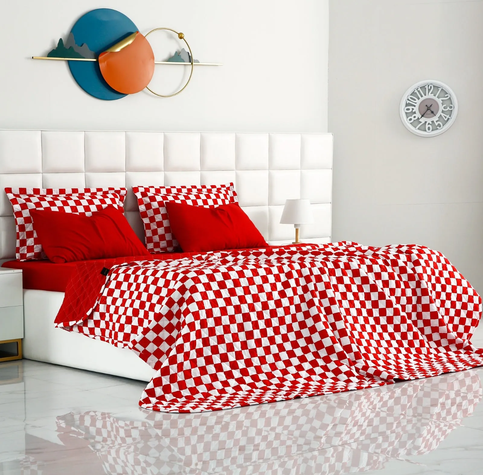 6 PCs Printed Bed Spread Set-Red Chess