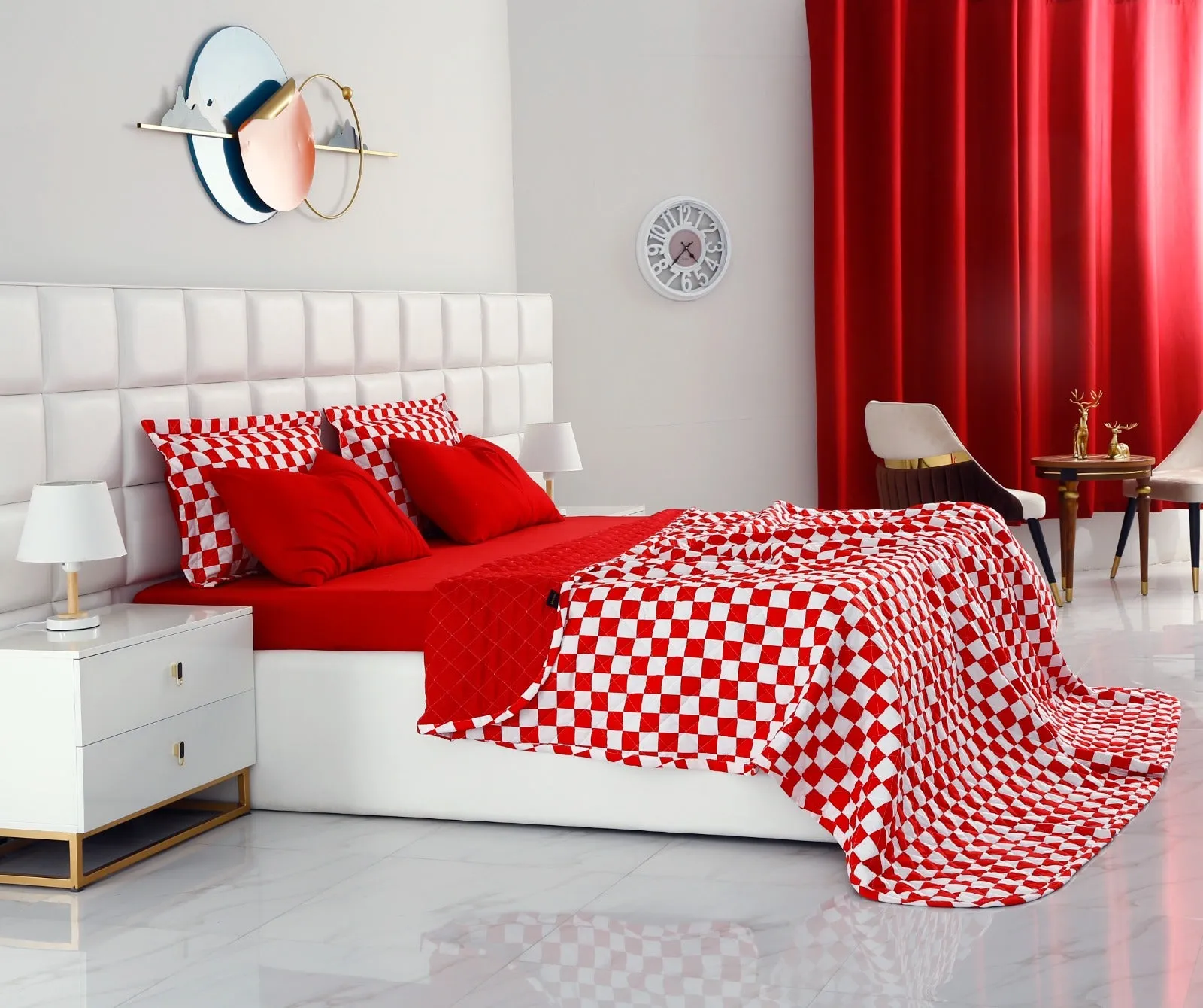 6 PCs Printed Bed Spread Set-Red Chess