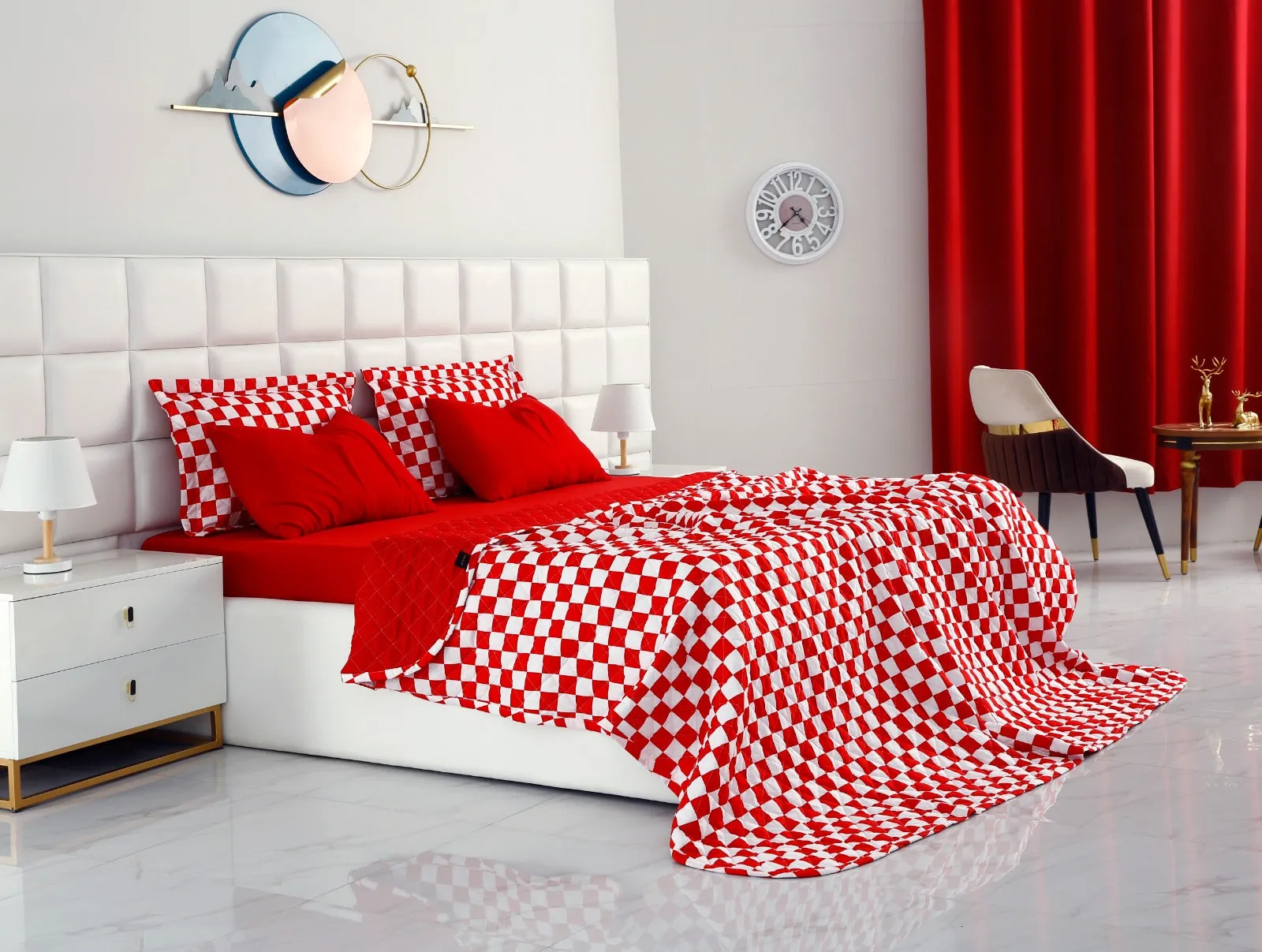 6 PCs Printed Bed Spread Set-Red Chess