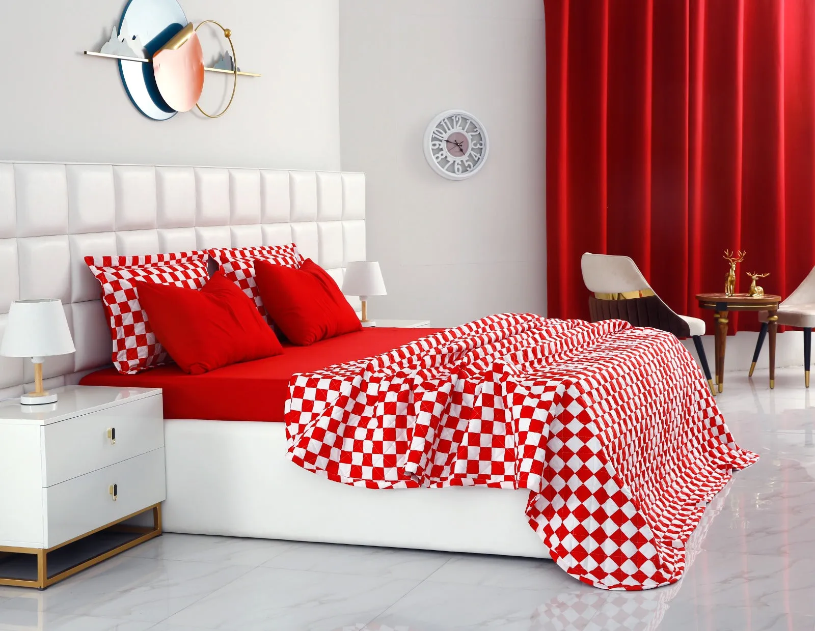 6 PCs Printed Bed Spread Set-Red Chess