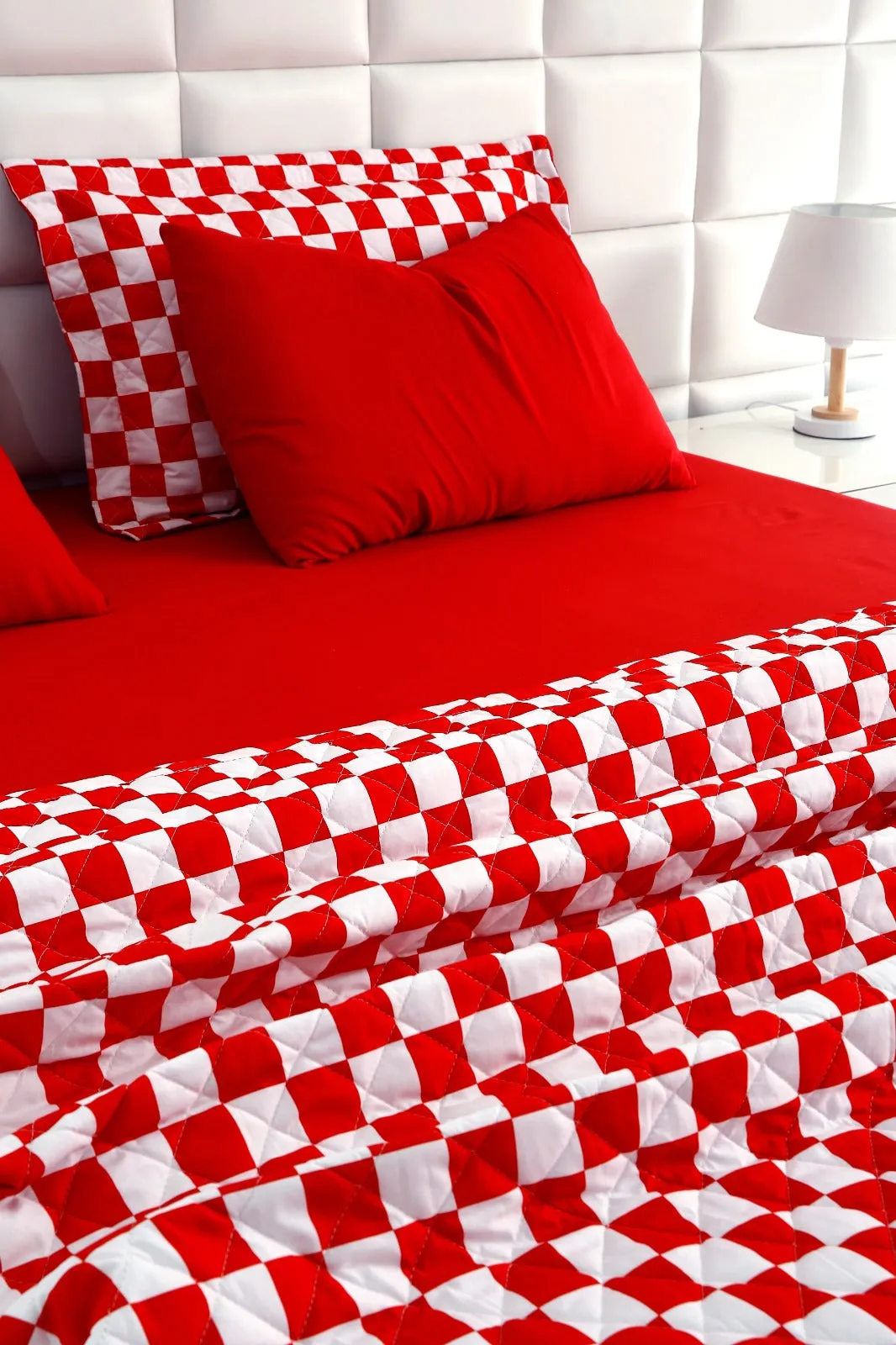 6 PCs Printed Bed Spread Set-Red Chess