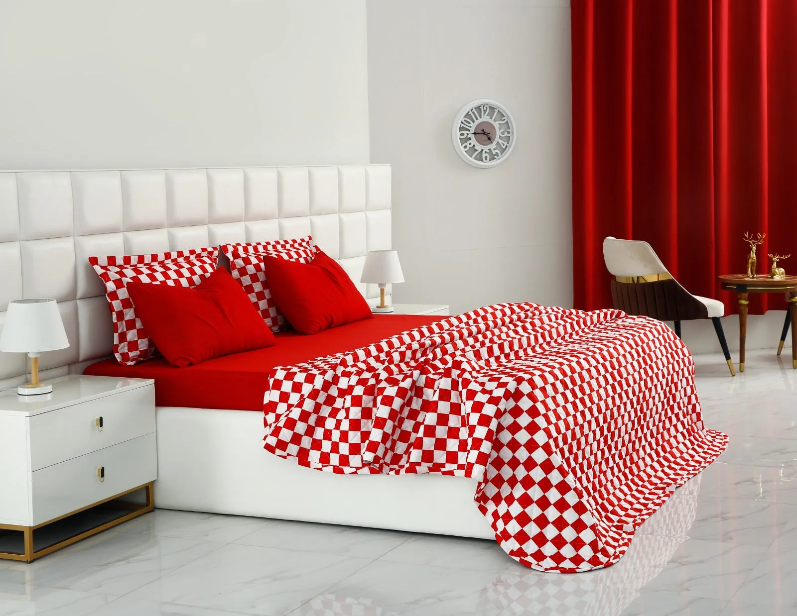 6 PCs Printed Bed Spread Set-Red Chess