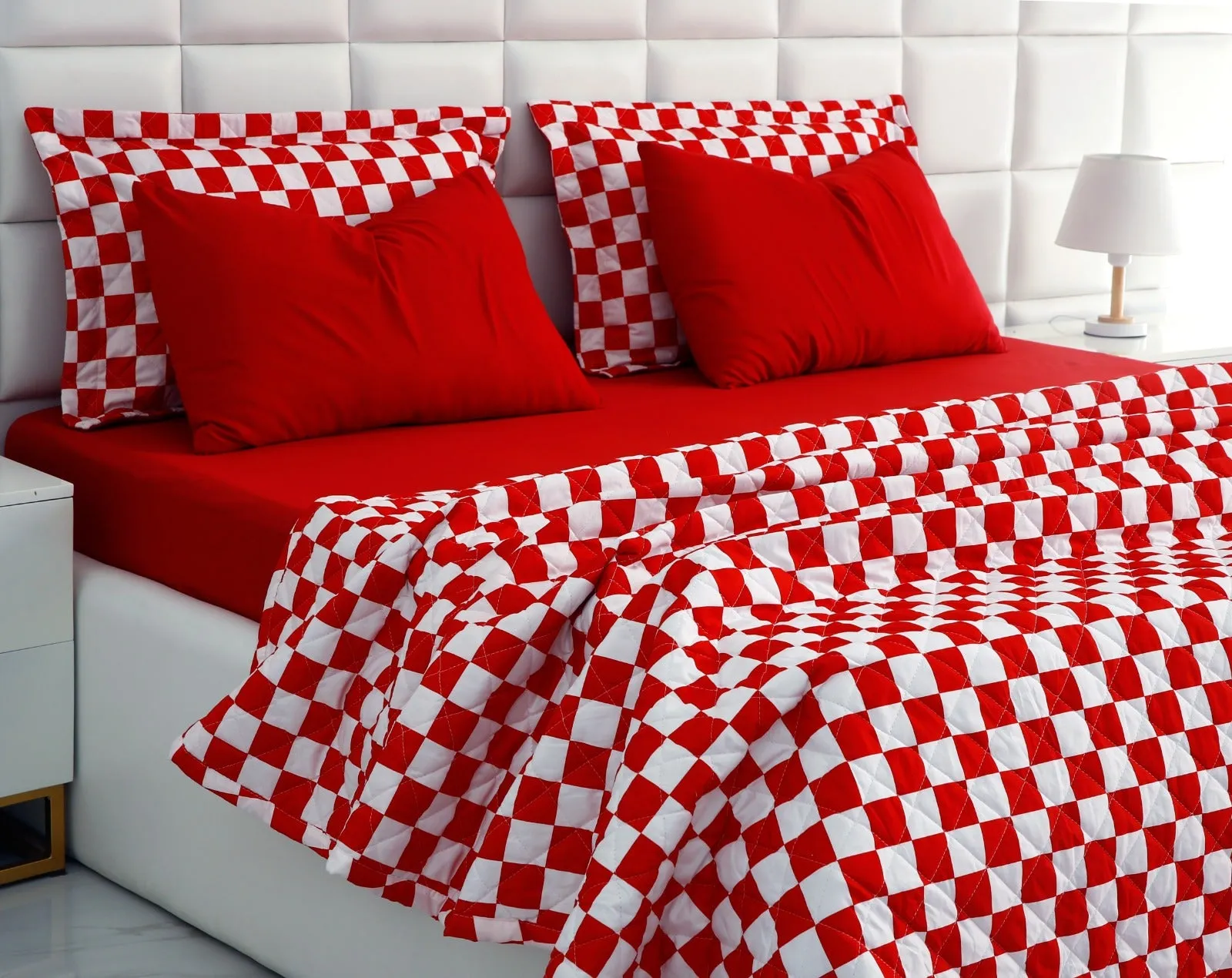 6 PCs Printed Bed Spread Set-Red Chess