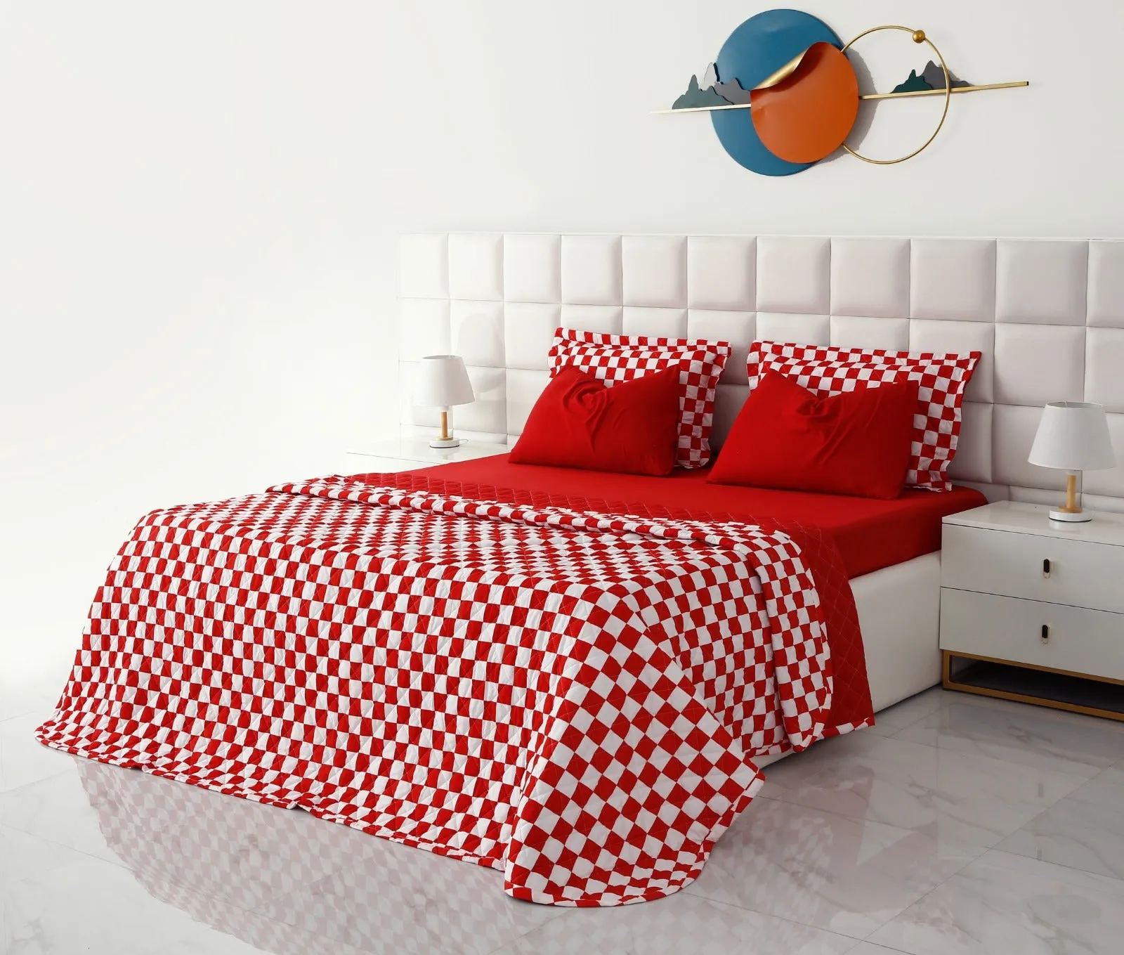 6 PCs Printed Bed Spread Set-Red Chess