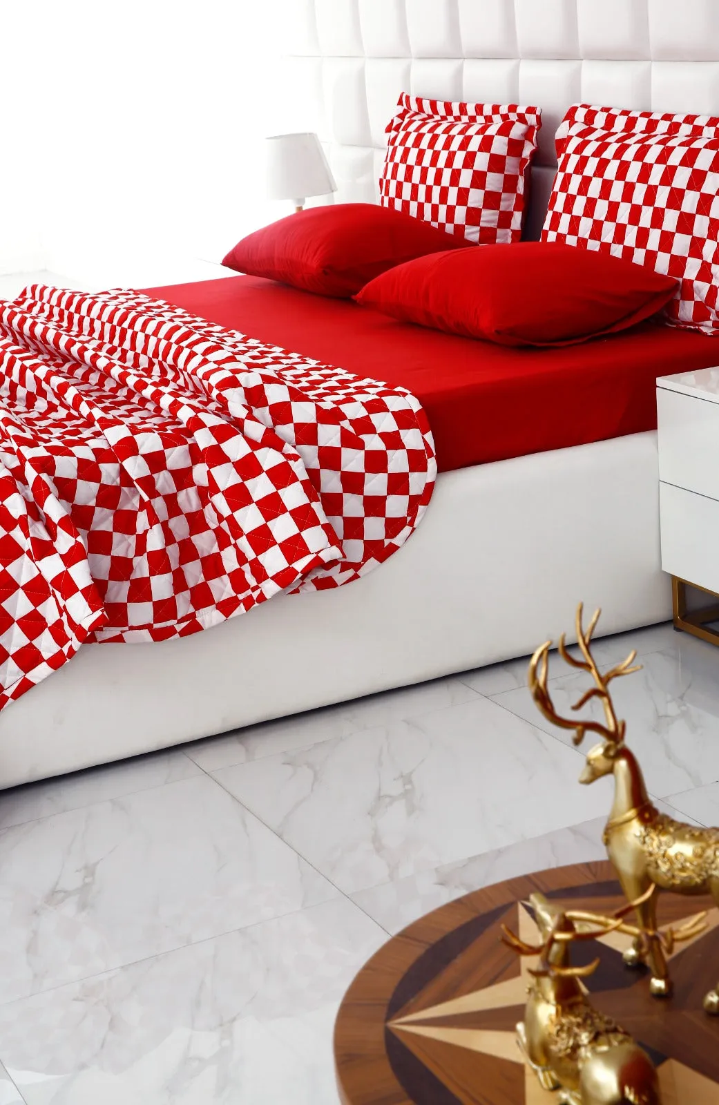 6 PCs Printed Bed Spread Set-Red Chess