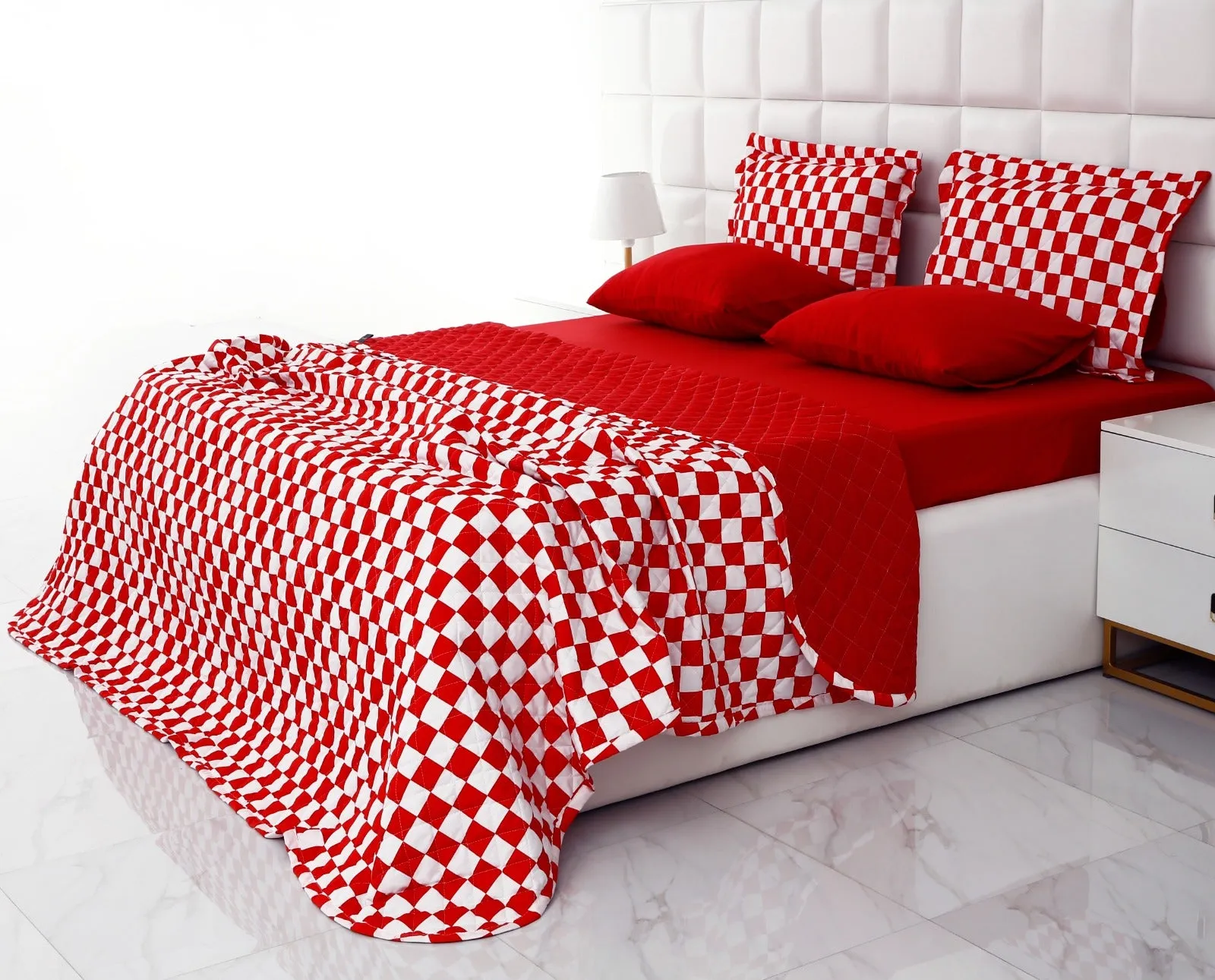 6 PCs Printed Bed Spread Set-Red Chess