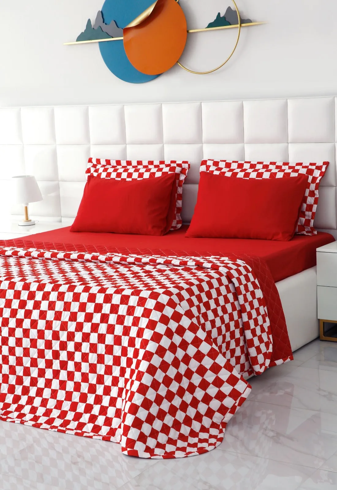 6 PCs Printed Bed Spread Set-Red Chess