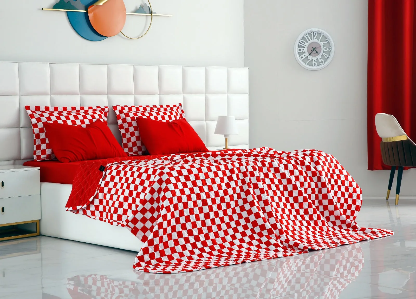 6 PCs Printed Bed Spread Set-Red Chess