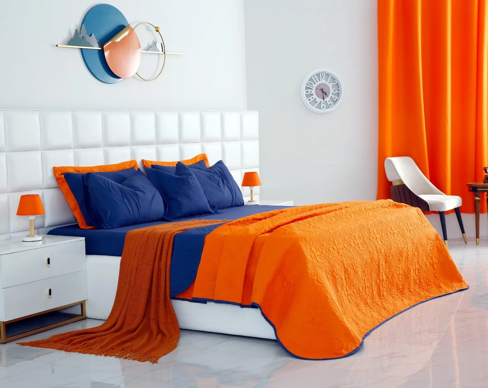 7 PCs Ultrasonic Bed Spread Set-Navy Blue over Orange