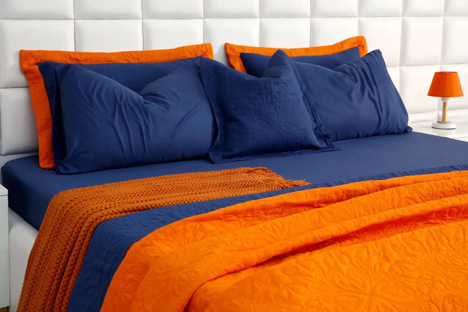 7 PCs Ultrasonic Bed Spread Set-Navy Blue over Orange