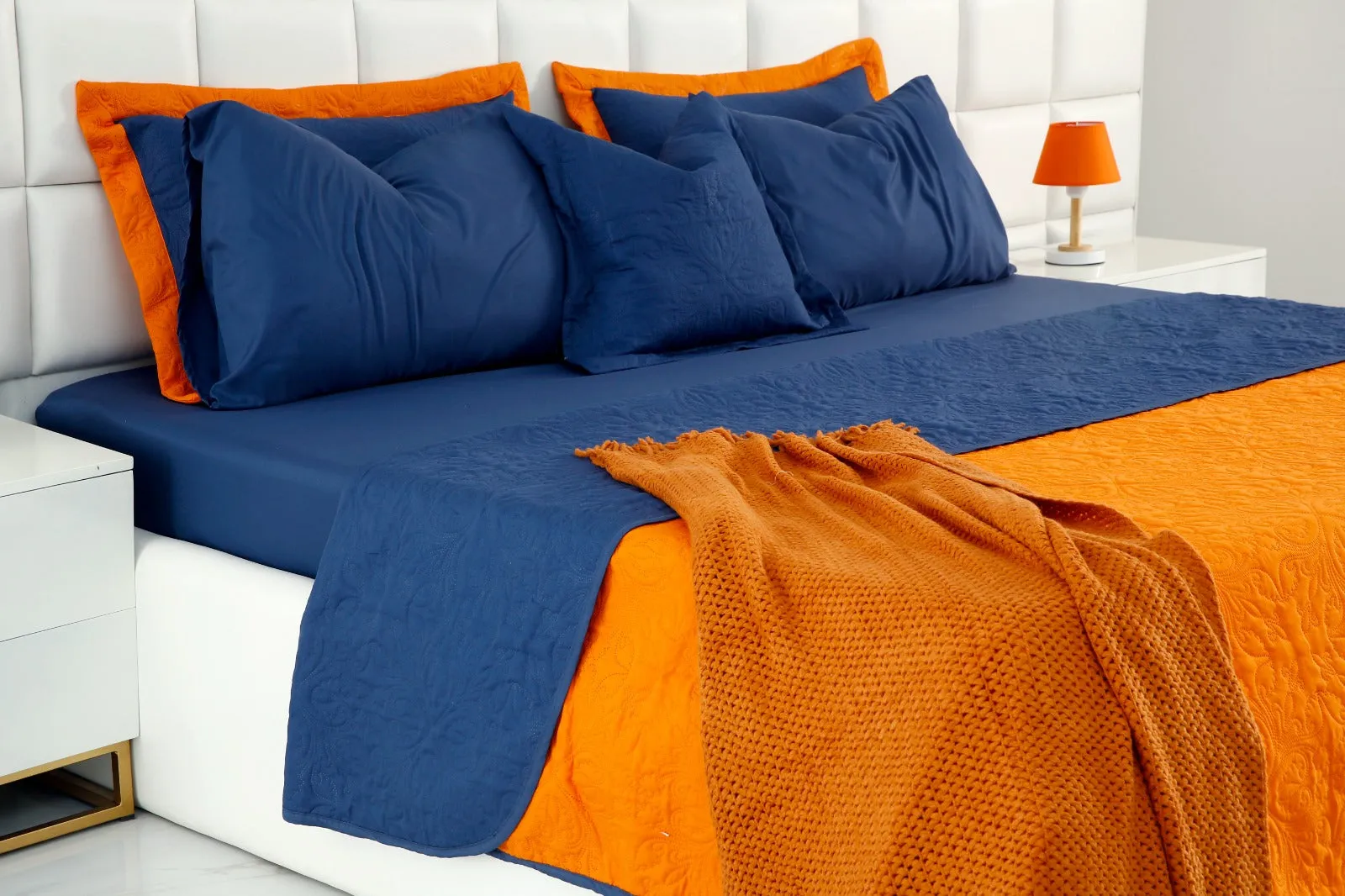 7 PCs Ultrasonic Bed Spread Set-Navy Blue over Orange