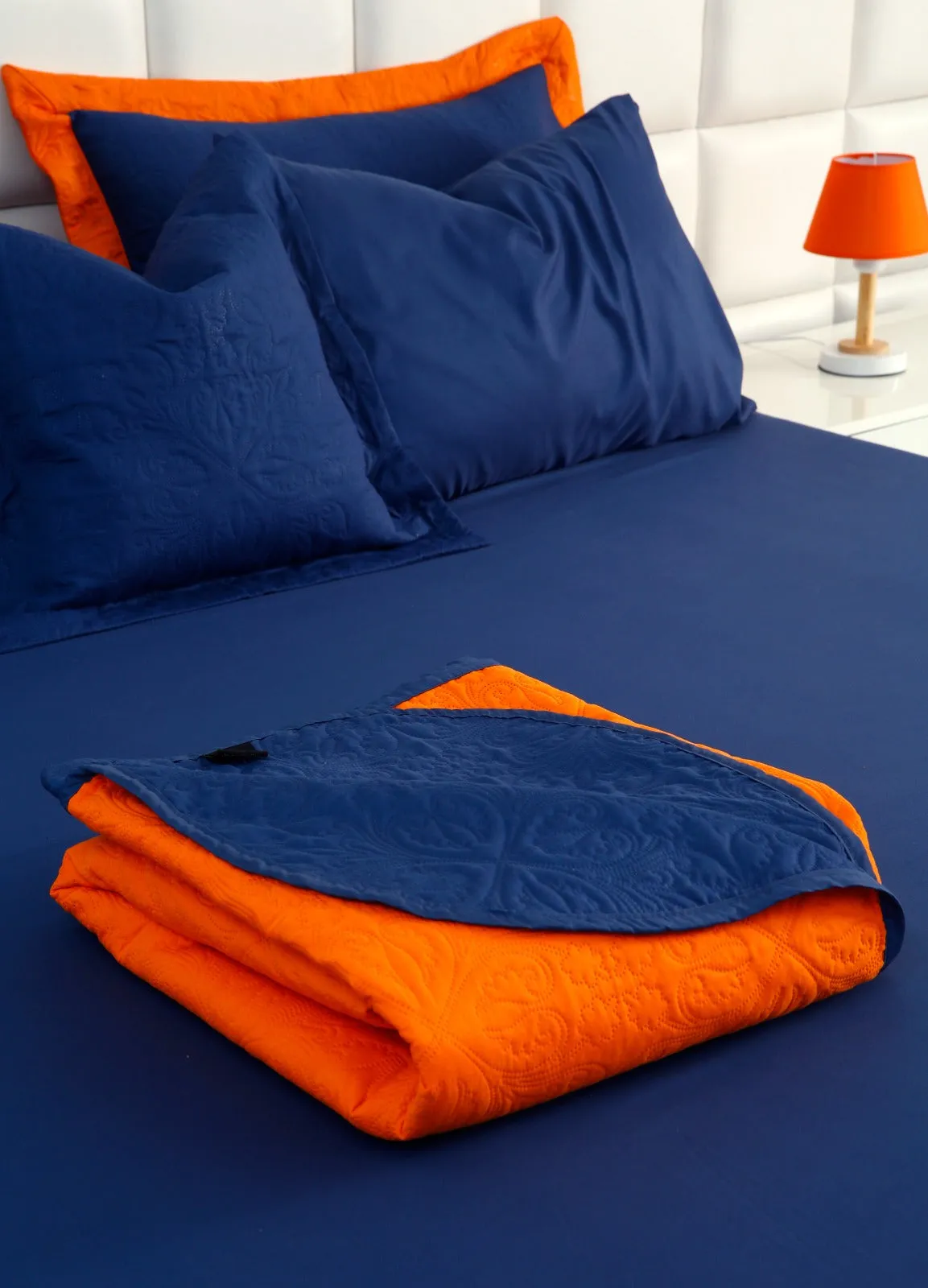 7 PCs Ultrasonic Bed Spread Set-Navy Blue over Orange