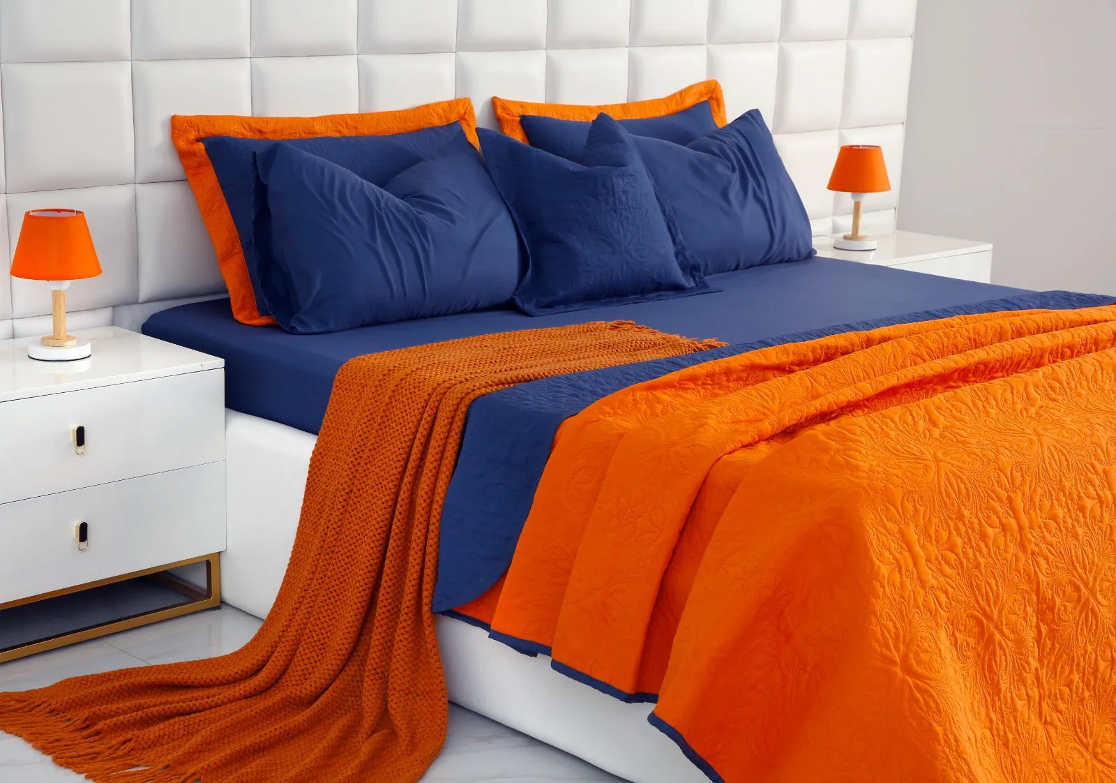 7 PCs Ultrasonic Bed Spread Set-Navy Blue over Orange