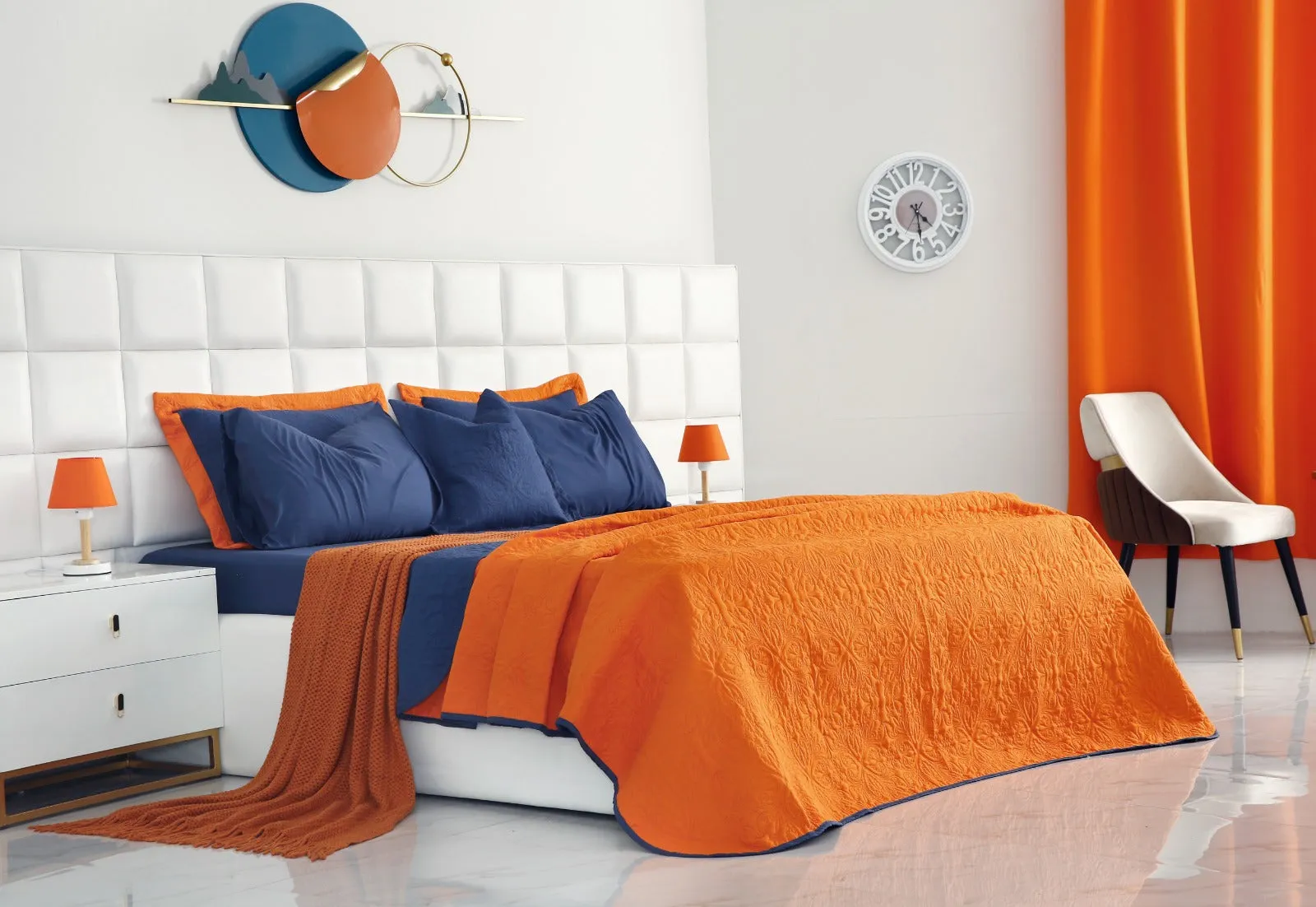 7 PCs Ultrasonic Bed Spread Set-Navy Blue over Orange