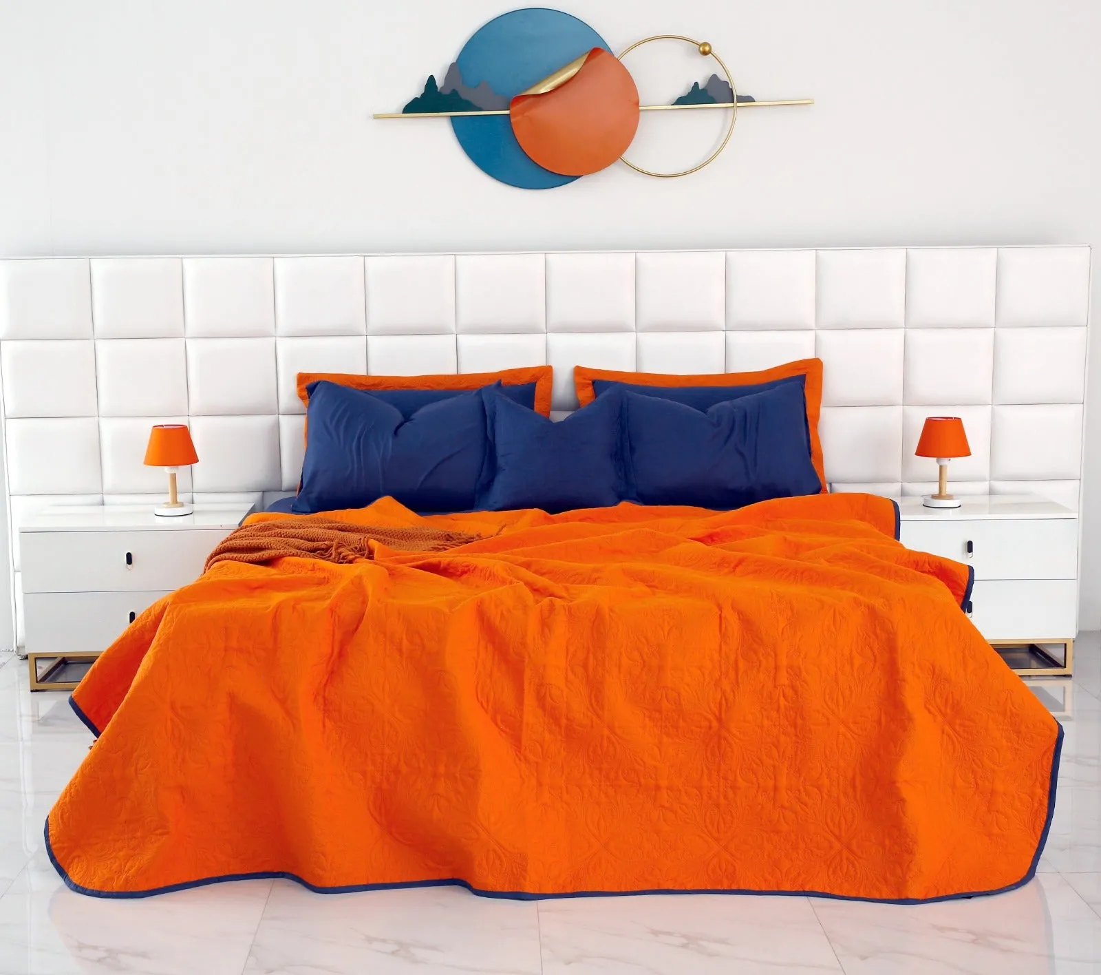 7 PCs Ultrasonic Bed Spread Set-Navy Blue over Orange