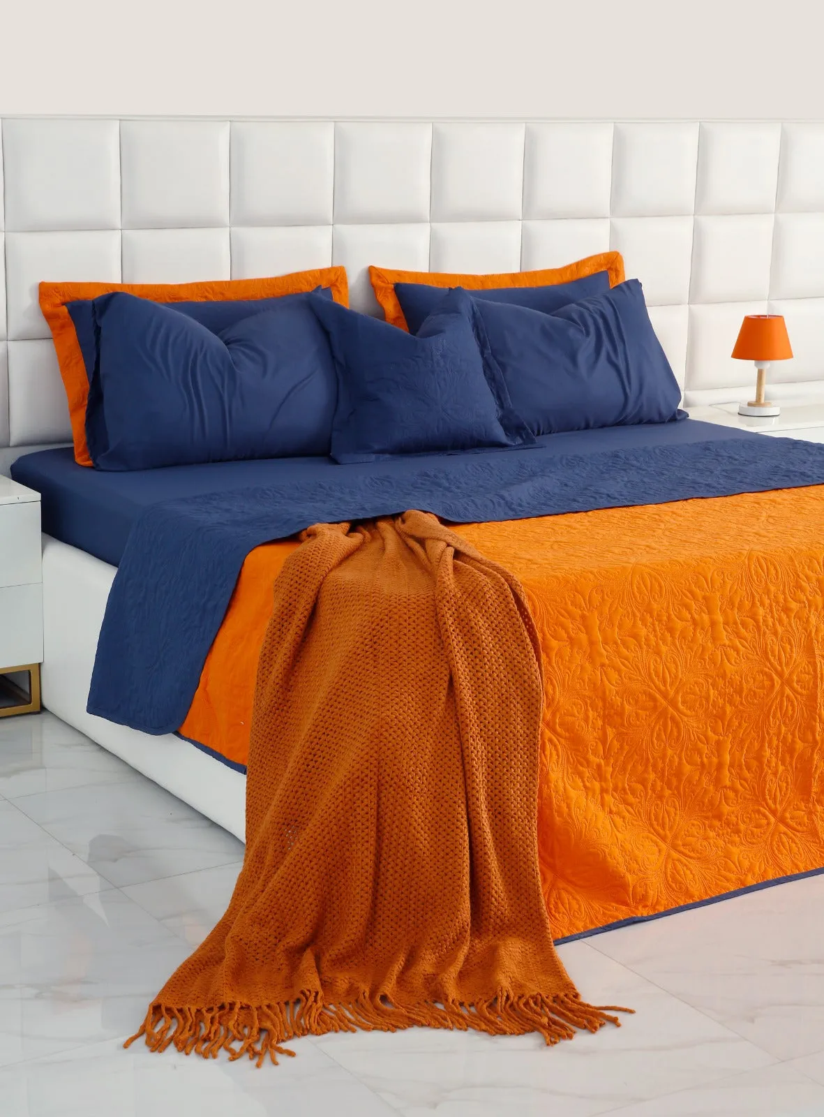 7 PCs Ultrasonic Bed Spread Set-Navy Blue over Orange