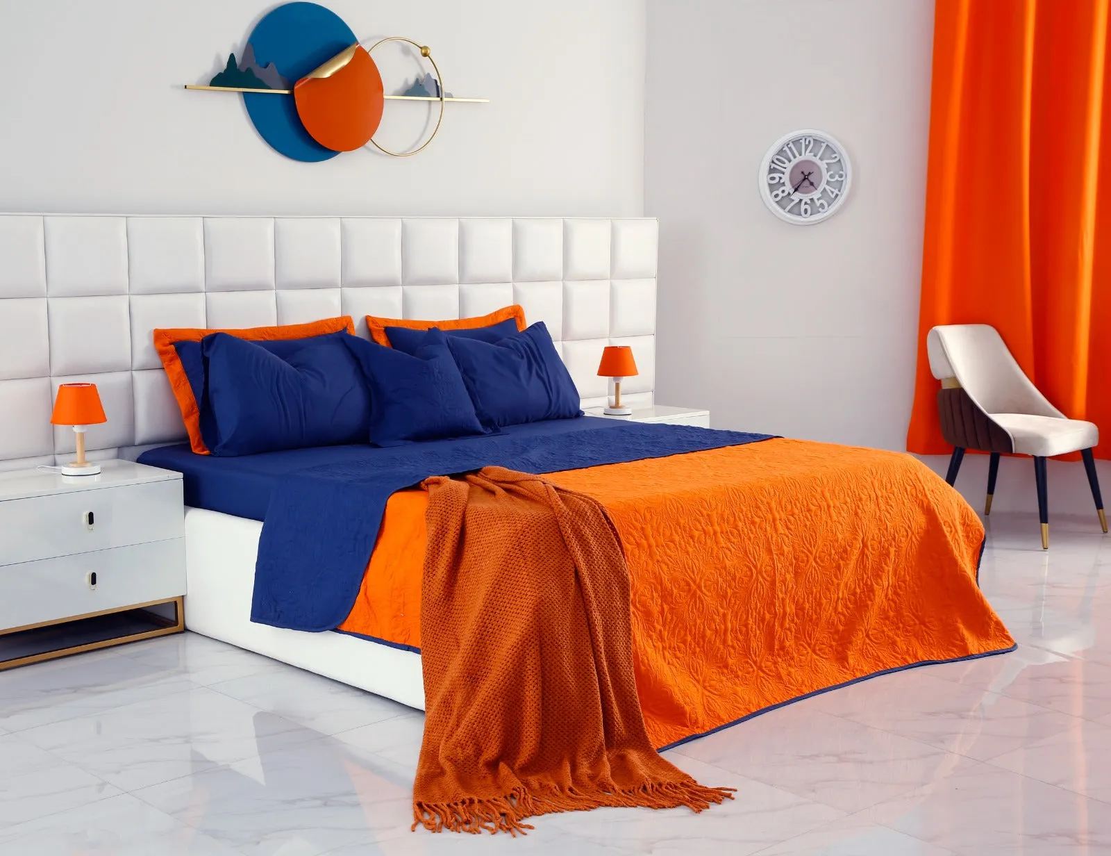 7 PCs Ultrasonic Bed Spread Set-Navy Blue over Orange