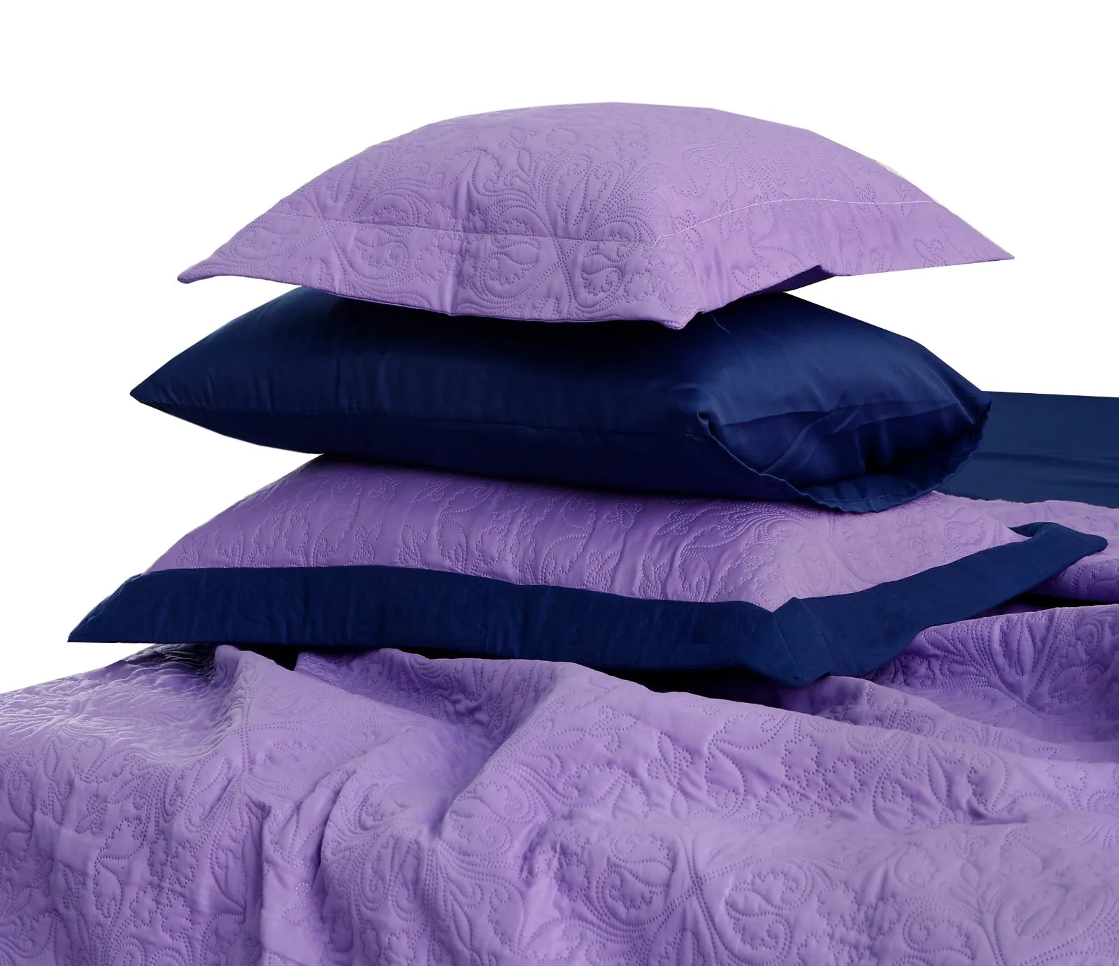 7 PCs Ultrasonic Bed Spread Set-Navy Blue Over Purple