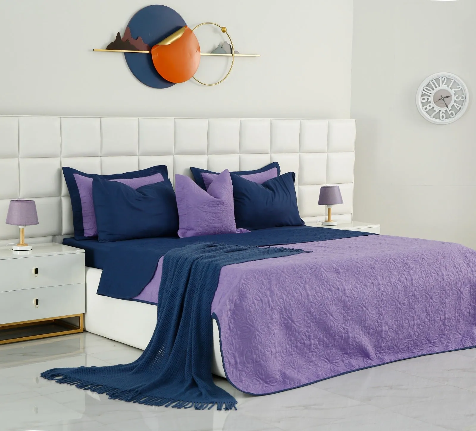 7 PCs Ultrasonic Bed Spread Set-Navy Blue Over Purple