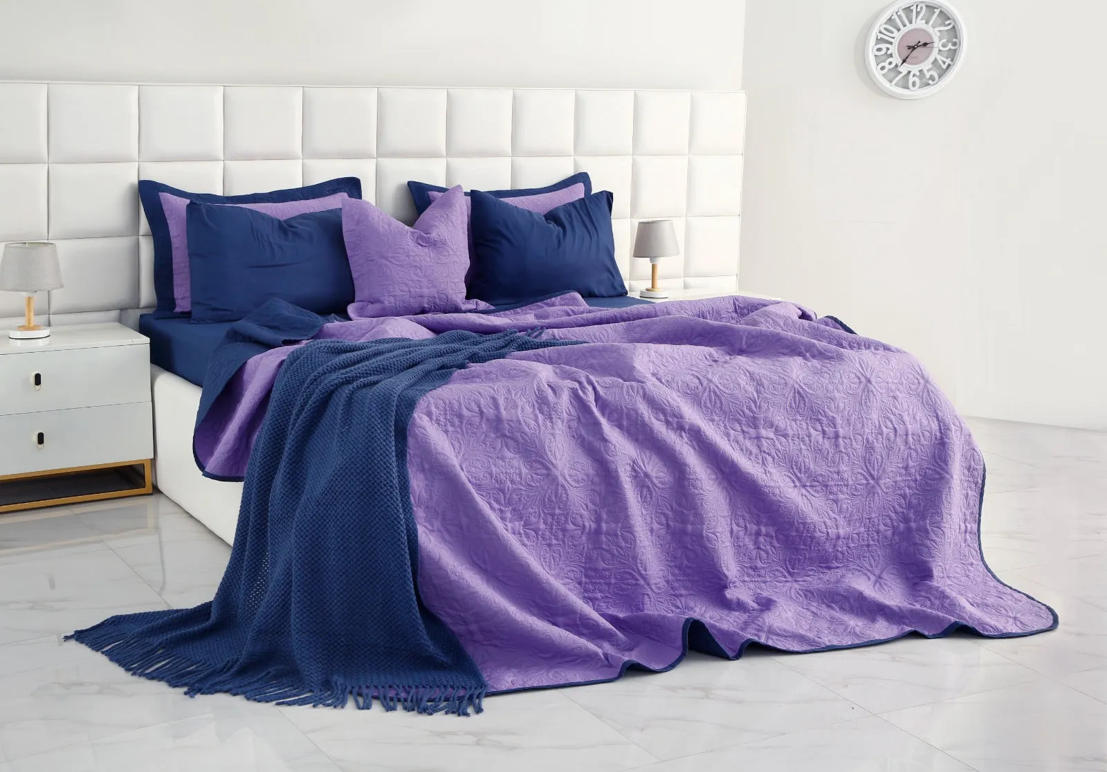 7 PCs Ultrasonic Bed Spread Set-Navy Blue Over Purple