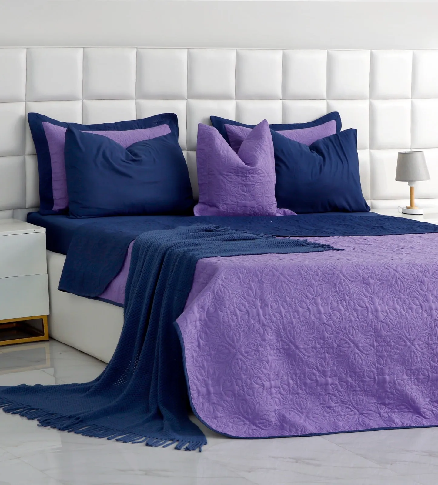 7 PCs Ultrasonic Bed Spread Set-Navy Blue Over Purple